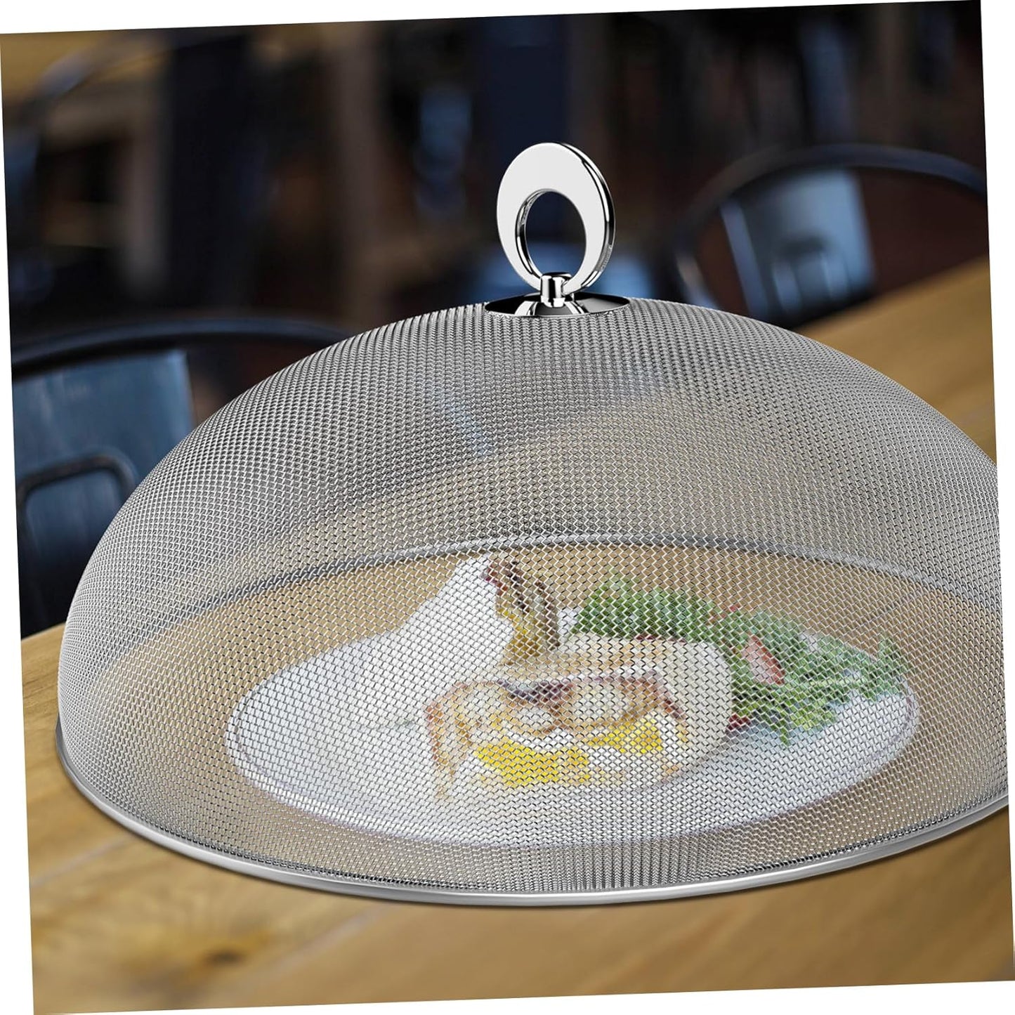 Hemoton Stainless Steel Mesh Dome Food Cover Protector, Round Mesh Screen Food Tent for Kitchen, Outdoor, Picnic, Reusable, Large, Black, 15.7-Inch (Silver L)