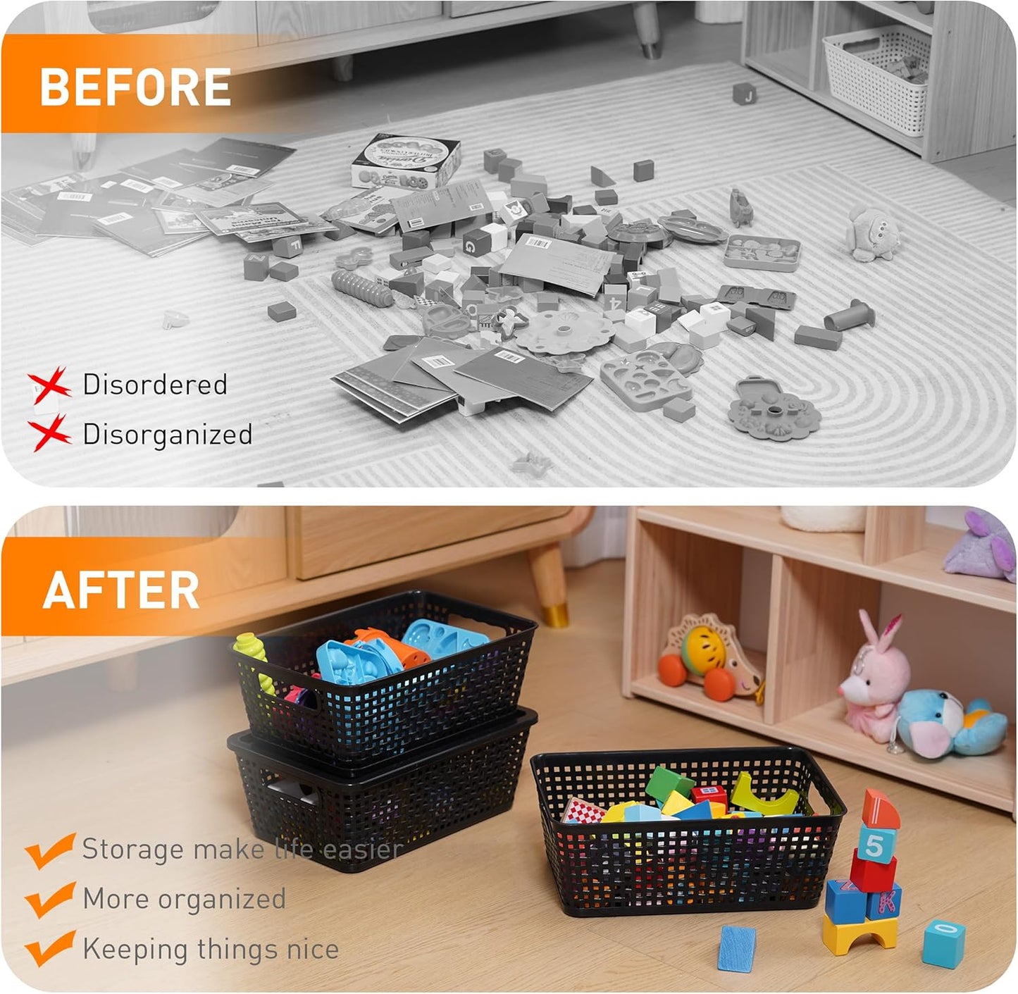 Plastic Storage Baskets With Lid, Storage Bins for Organizing, Stackable Decorative Containers for Shelves Drawers Desktop Closet Playroom Classroom Office, 8 Pack-Black