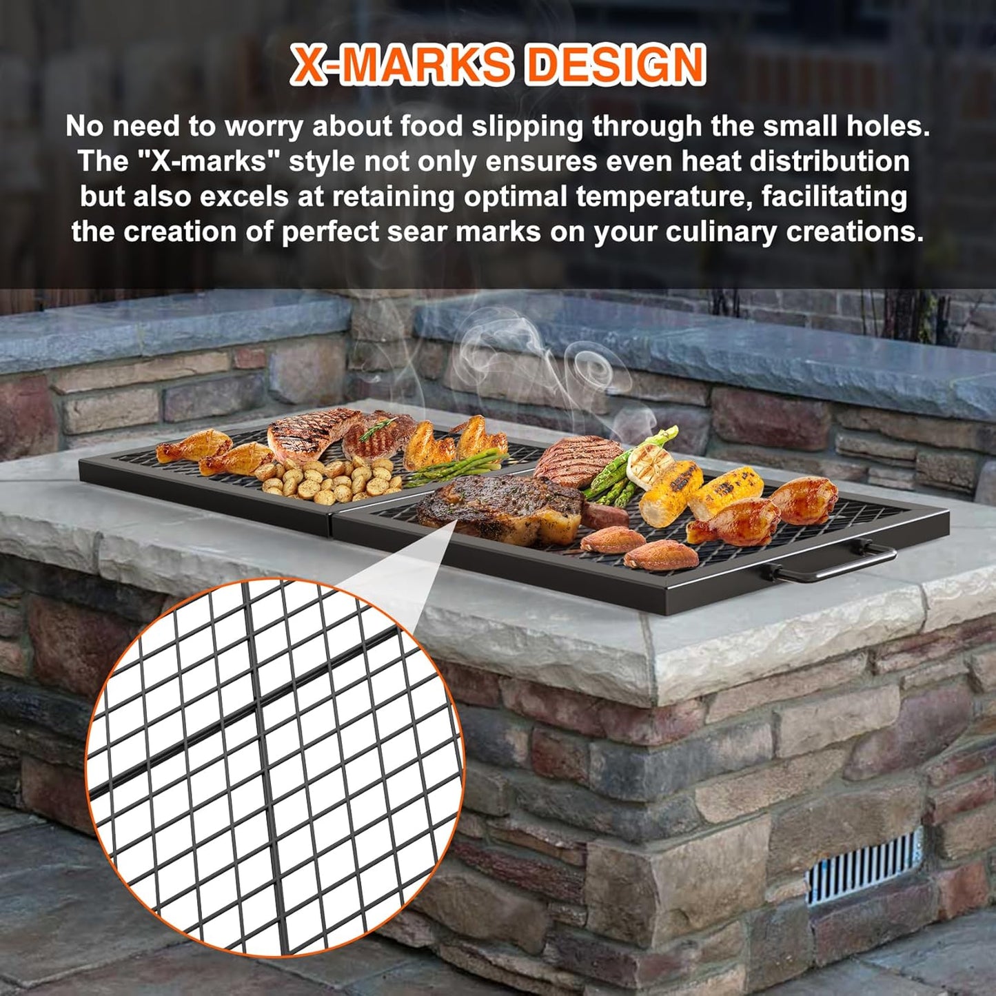 Onlyfire Foldable X-Marks Fire Pit Cooking Grate, Portable Rectangle Campfire Grill Grate with Handles, Heavy Duty Steel Campfire BBQ Grill for Outdoor, 36 inch
