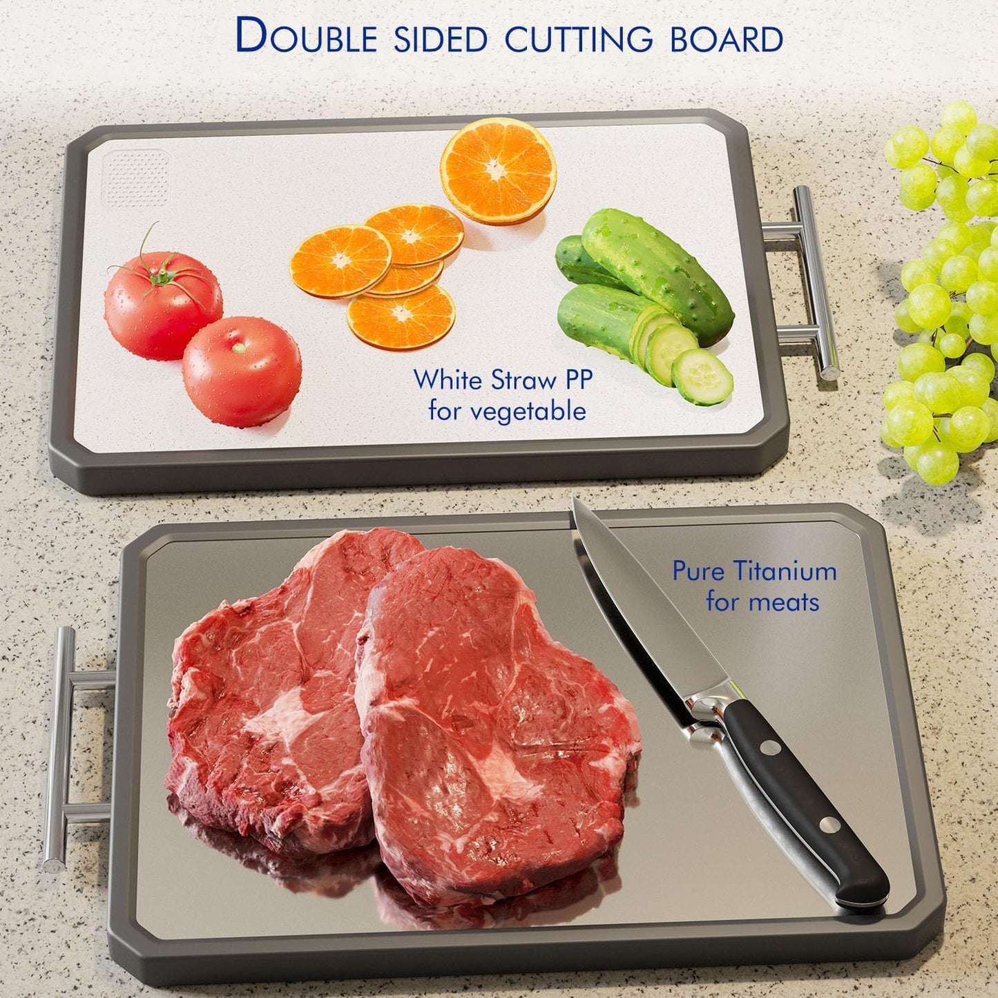 Titanium Cutting Boards for Kitchen, Large 16x11 Inch Pure Titanium and Wheat Straw PP Double Sided Chopping Board, Dishwasher Safe, Easy to Clean