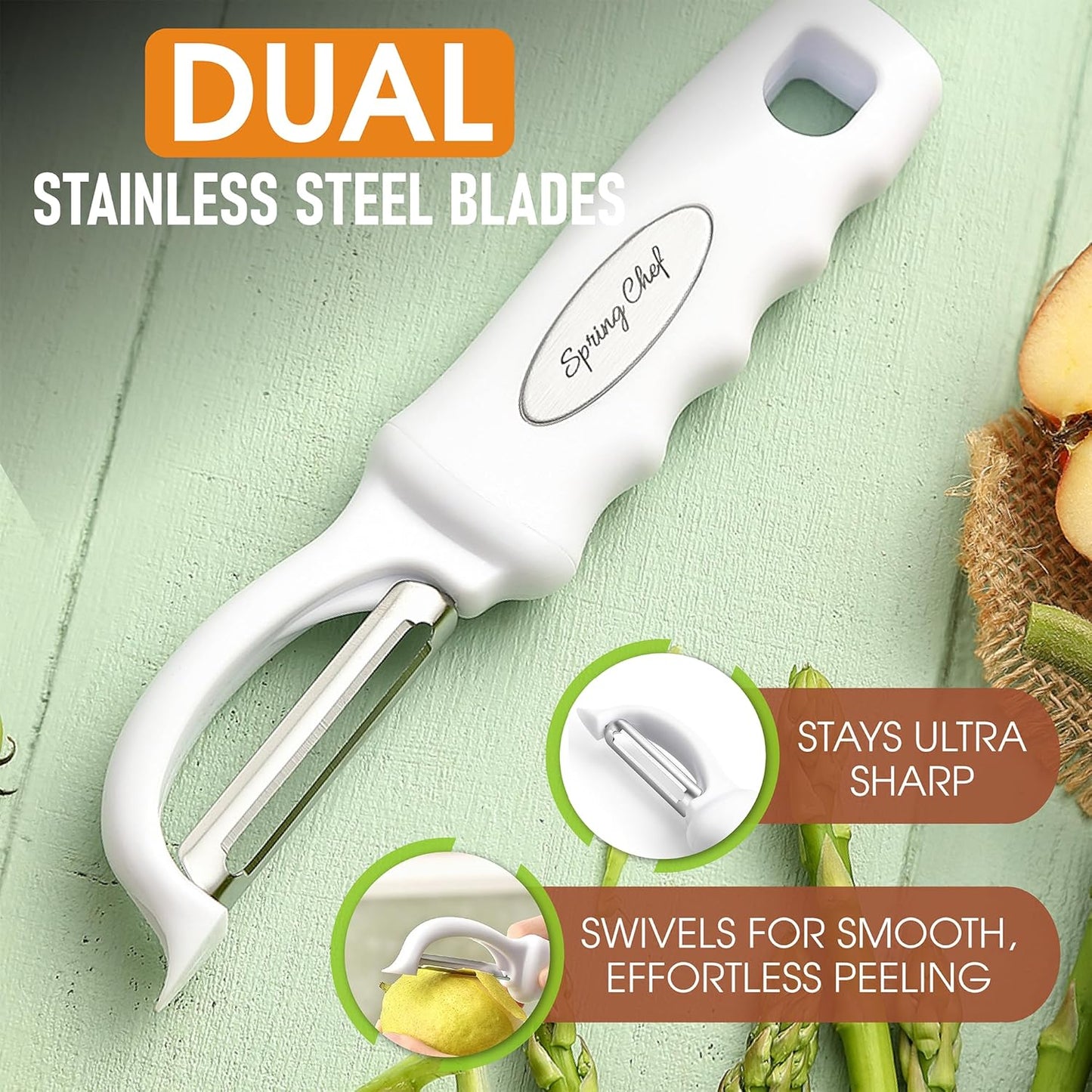 Spring Chef Premium Swivel Vegetable Peeler, Comfrotable Handle and Ultra Sharp Stainless Steel Blades - Perfect Kitchen Peeler For Veggie, Fruit, Potato, Carrot, Apple - White