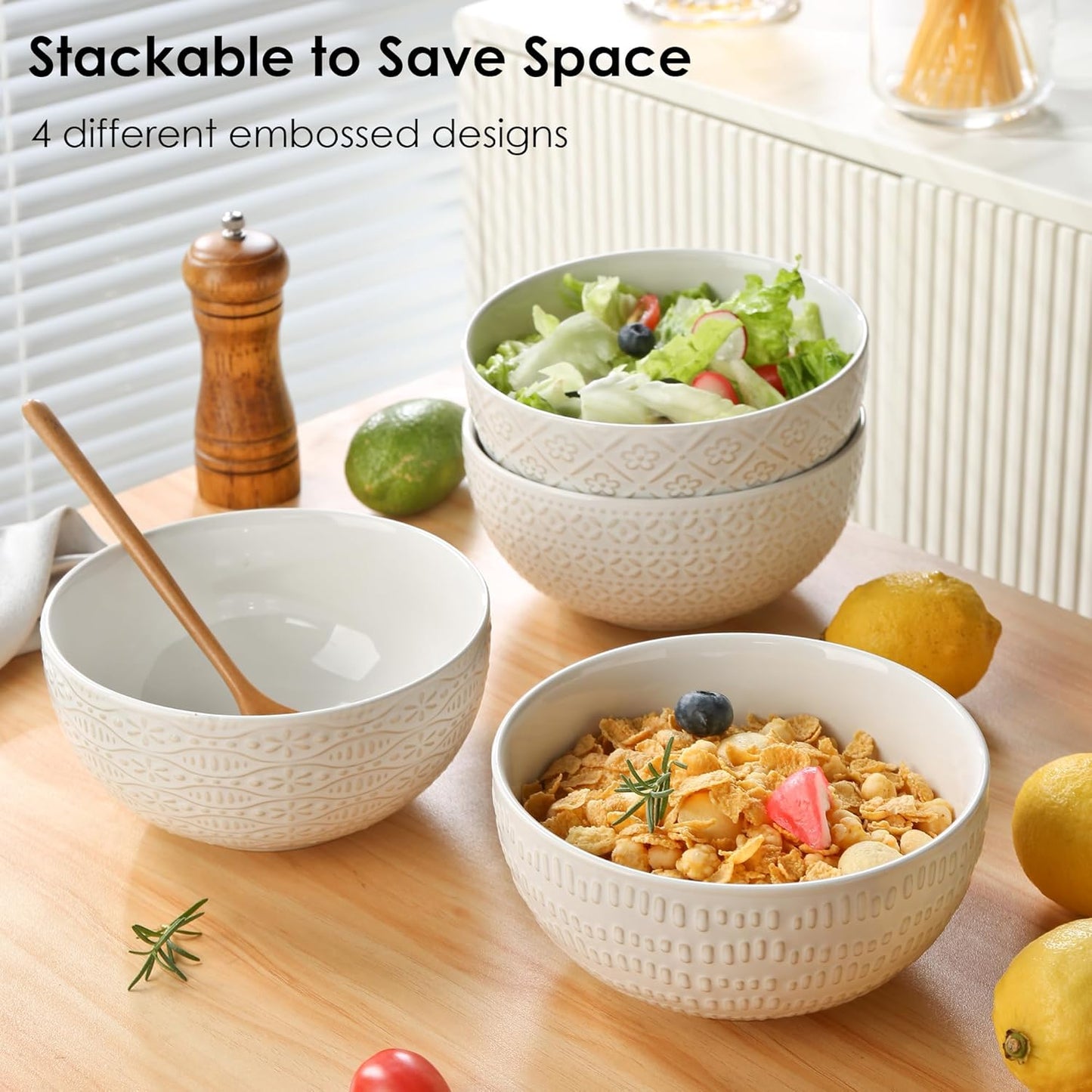 40 OZ Large Cereal Bowls Set of 4, Farmhouse Embossment Ceramic Salad Bowls for Soup, Serving, Fruit, Snack, Noodle, Ramen, Pho, Microwave & Dishwasher Safe, 6.7 Inch White