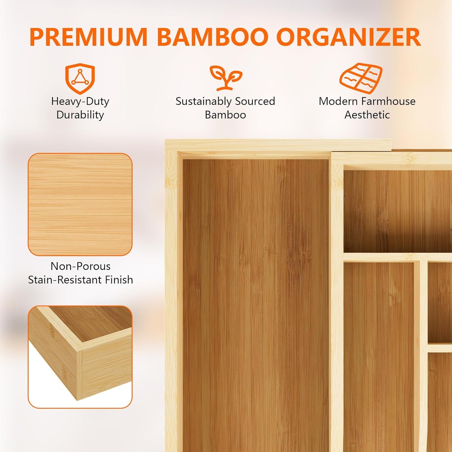 Expandable and Adjustable Bamboo Drawer Organizer Tray - Cutlery Drawer Organizer for Kitchen Utensils, Silverware Organizer with Dividers, 7-9 Slots with Curved Grooves (Natural)