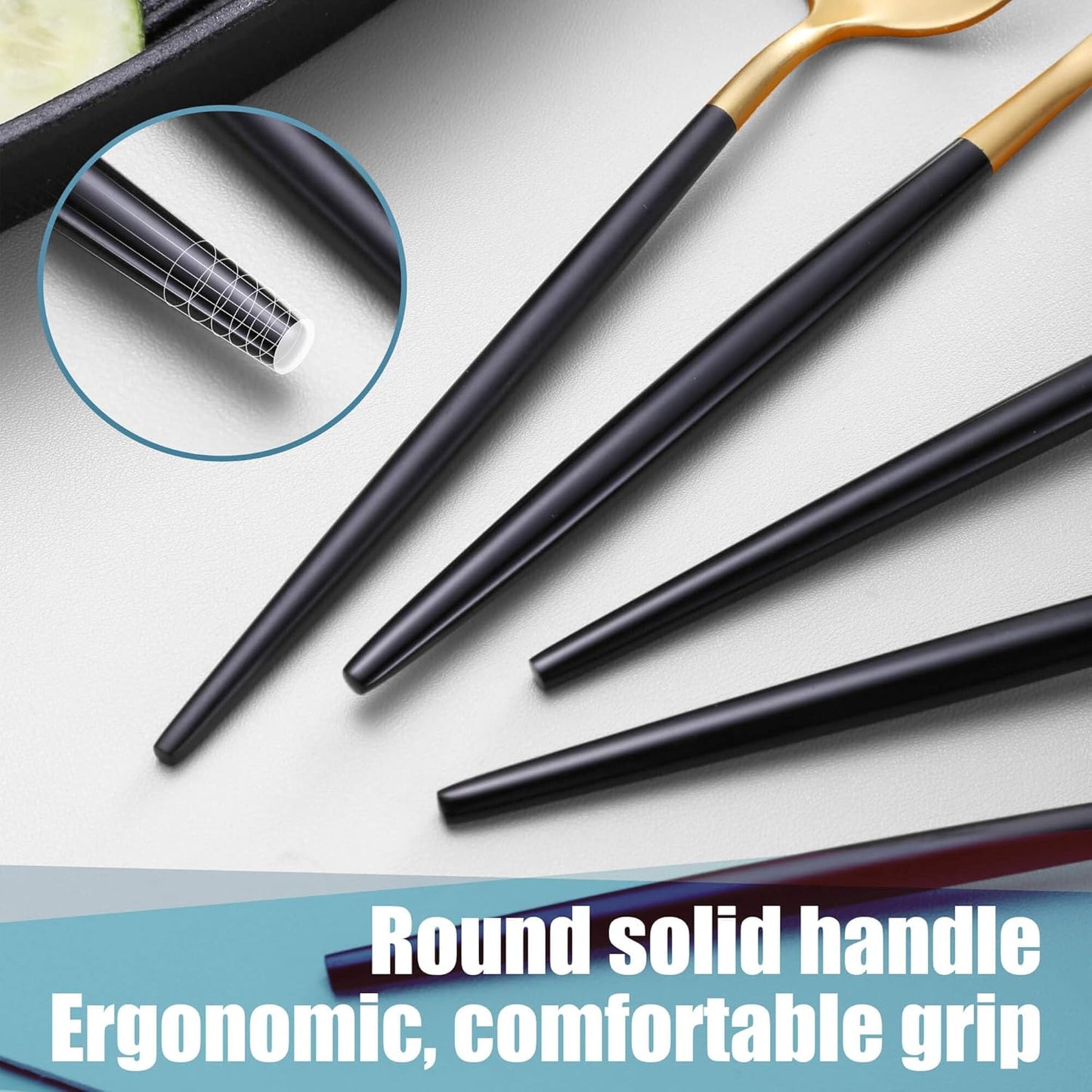 Matte Black Gold Silverware Set for 6,Modern Stainless Steel Brushed Cutlery Set,30-Pieces Heavy Duty Flatware Set,Knives Spoons and Forks Set Utensils Set, Satin Finish, Dishwasher Safe