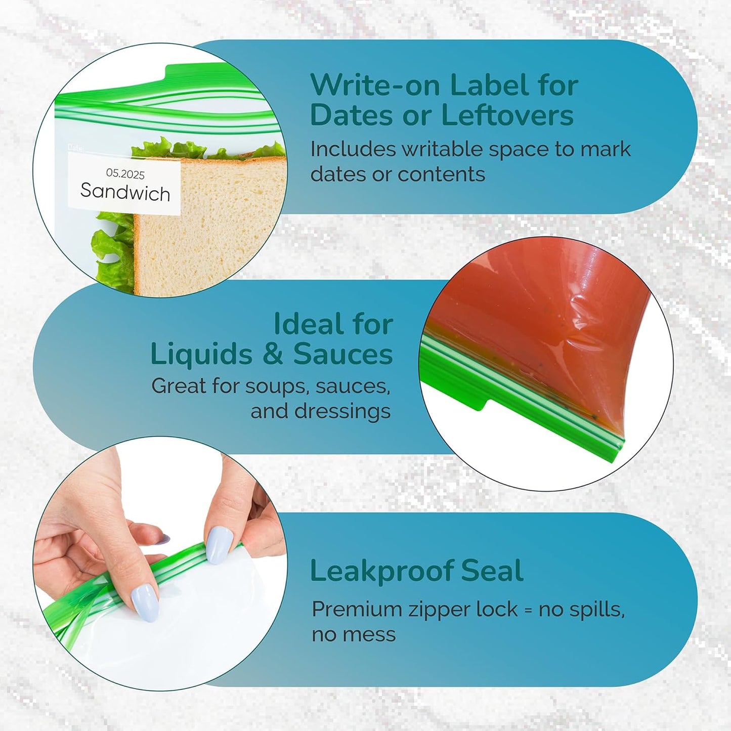 J&&J Fresh Sandwich Zipper Bags, 50 Pack — Reusable, BPA-Free, Leakproof — Expandable Bottom, Microwave-Safe, Strong Seal with Zipper Lock — Food Storage For Freezer, Fridge, Lunch, Durable & Washable