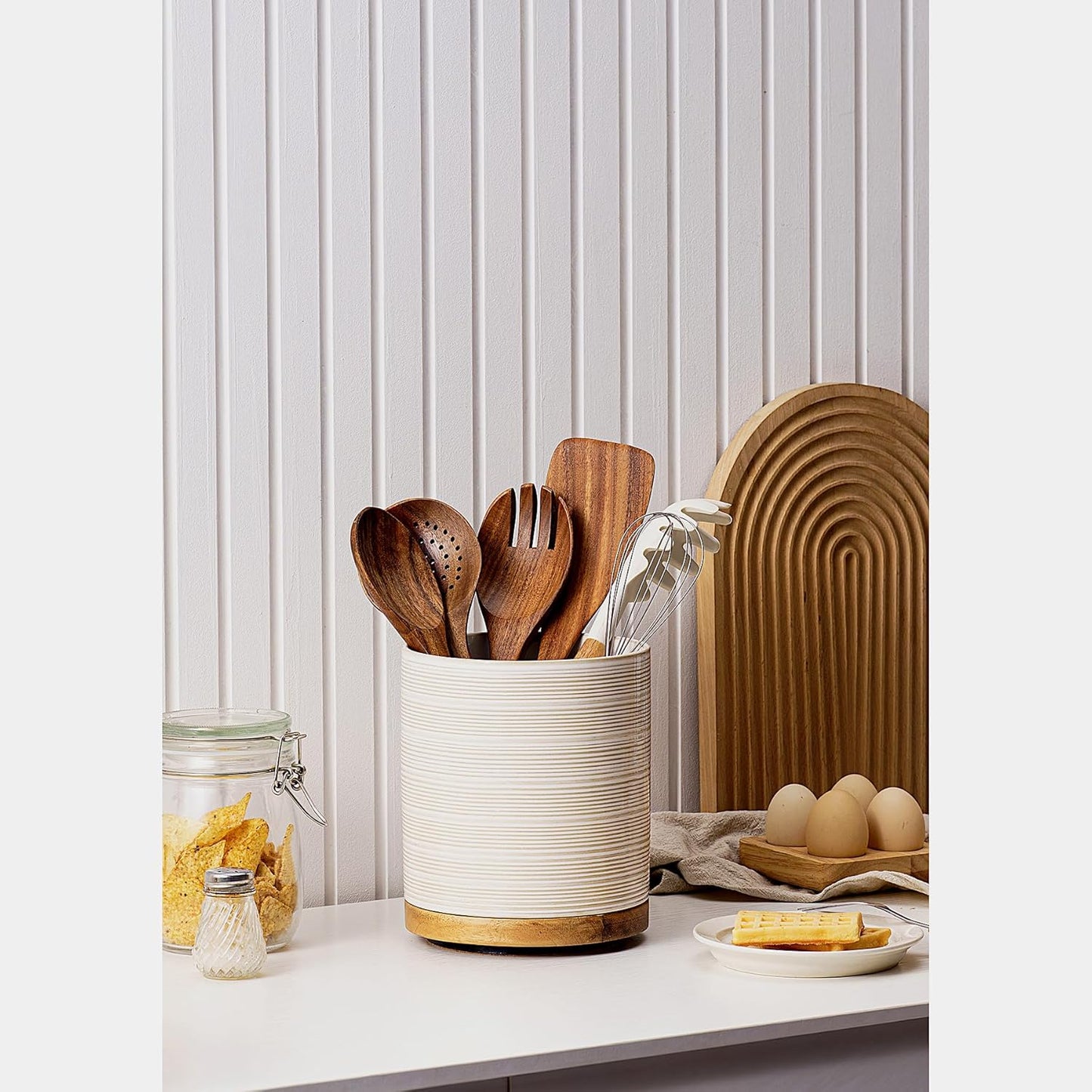 Utensil Holder, 360° Rotating Extra Large Ceramic Kitchen Utensil Holder for Countertop, 7.3“ Cooking Utensil Crocks for Kitchen Counter with Rotatable Wooden Base, Farmhouse Decor, Arctic White