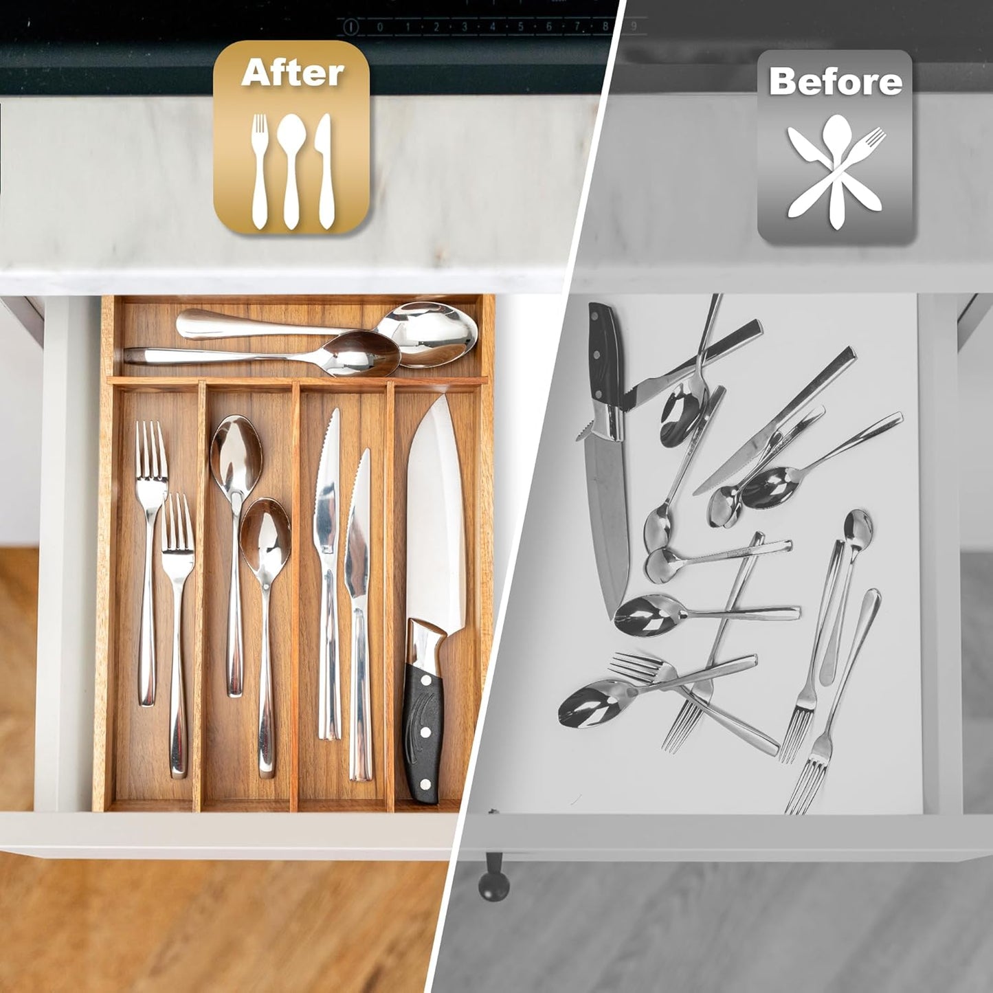 Silverware Organizer Kitchen Drawer Organizer Utensil Organizer Acacia Silverware Holder Cutlery Organizer in Drawer Flatware Organizer Tray(5 slots, Acacia