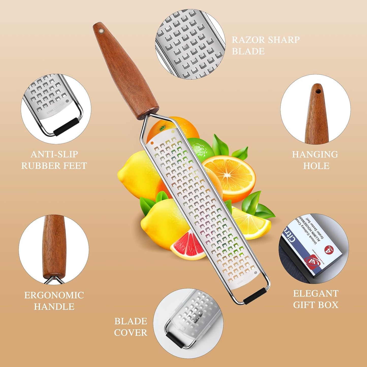 ALLWIN-HOUSEWARE Cheese Grater Zester Set of 5, 304 Stainless Steel with Acacia Wood Handle Kitchen Grater & Peeler & Slicer for Cheese, Lemon, Ginger, Garlic, Nutmeg, Fruits, Vegetables, Chocolate