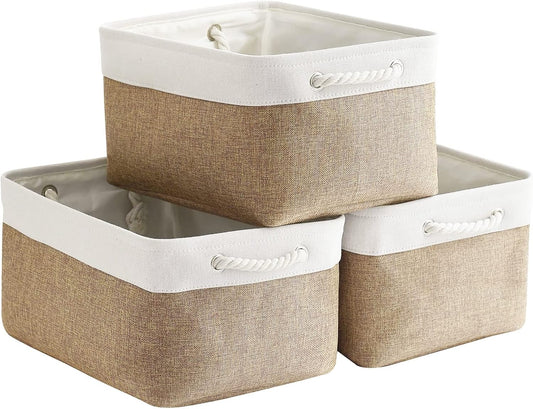 Fabric Storage Baskets - Rectangular Baskets for Organizing Fabric, Shelves & Decorative Use (White & Khaki)