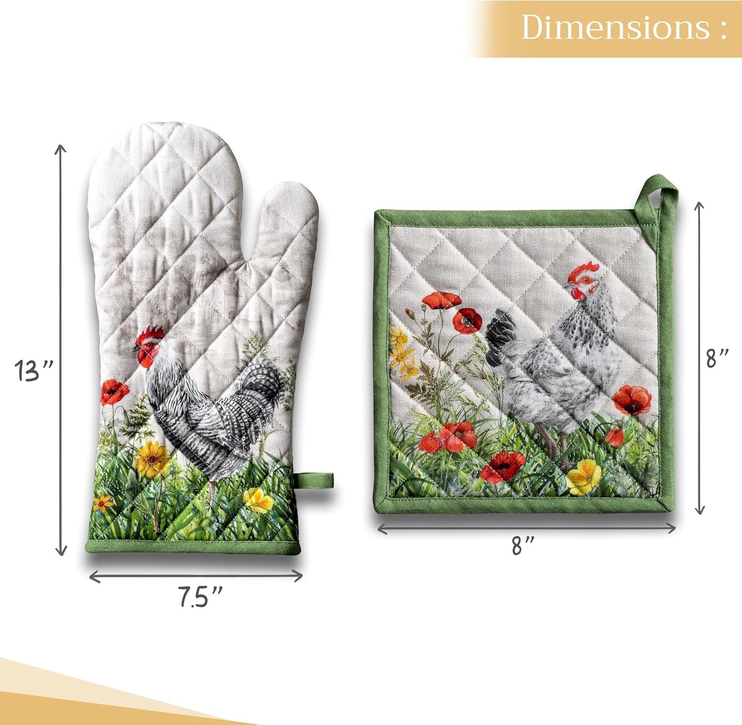 Maison d' Hermine 100% Cotton Oven Mitt & Pot Holder Set (7.5"x13" & 8"x8") Heat Resistant BBQ Cooking Gloves with Loop, Baking, Grilling, Kitchen, Handling Hot Pans Spring/Summer (Basse Cour)