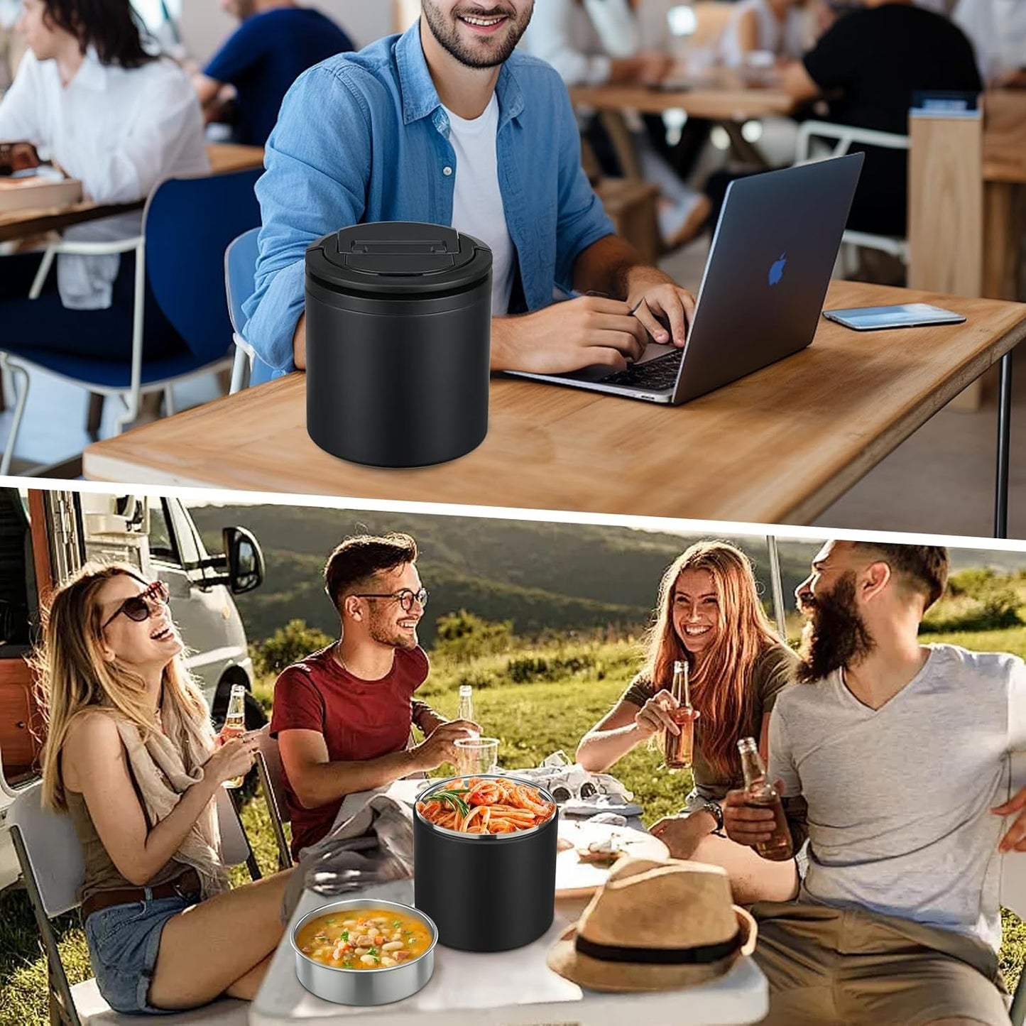 Soup Thermo for Hot Food Adults 40oz Lunch Containers Wide, Thermo Insulated Containers Leak Proof Vacuum Stainless Steel With Carry Handle and Spoon BPA Free (black)