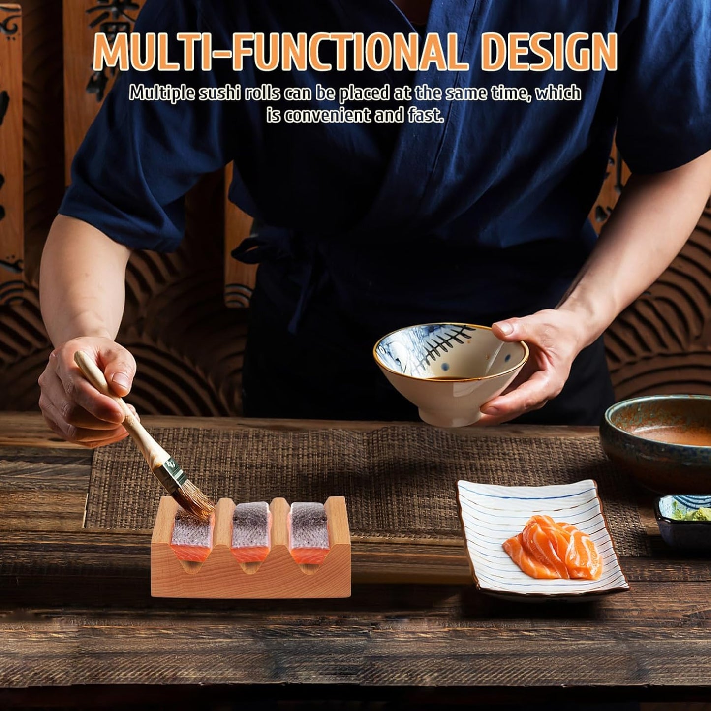 Kichvoe Sushi Holder Wooden Serving Stand: Taco Holder Sushi Rack with 3 Slots - V Shaped Japanese Cuisine Serving Tray for Kitchen Counter Or Dining Table, 5.11 * 2.87 * 1.69inch