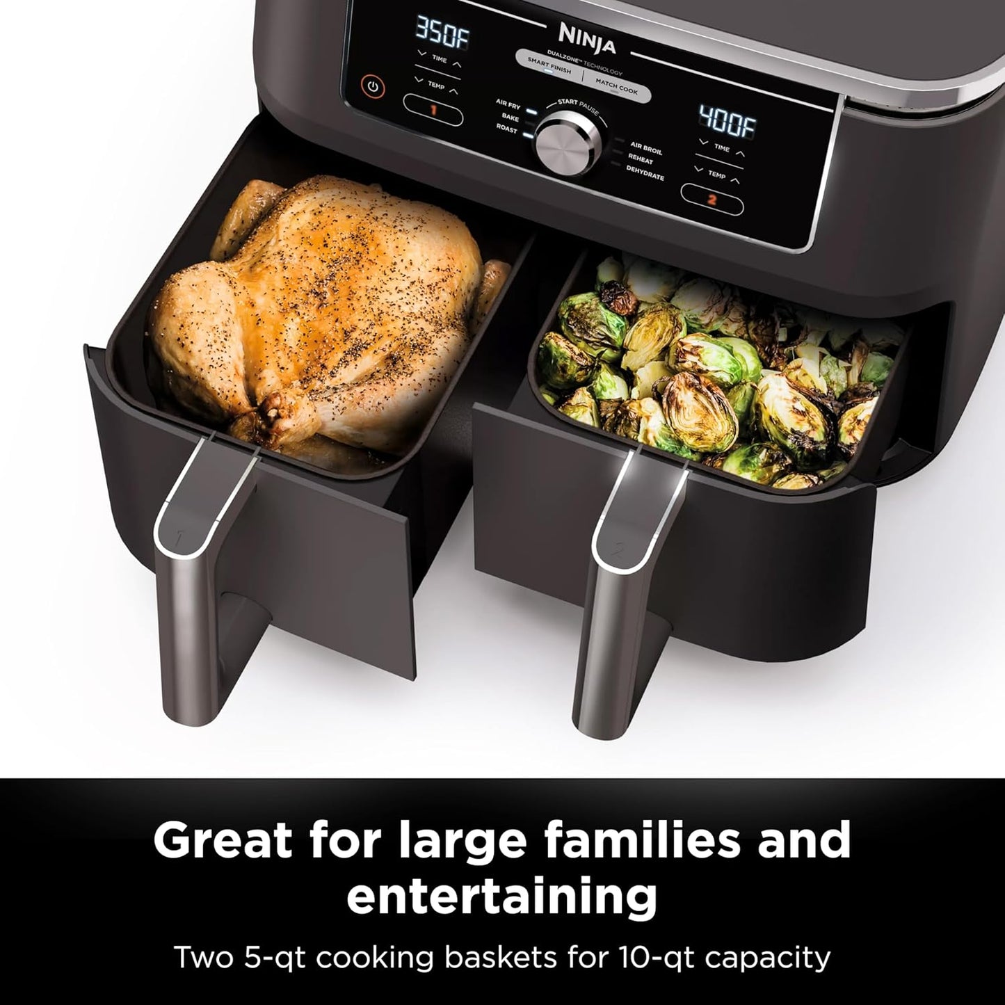 Ninja DZ401 Foodi 10 Quart 6-in-1 DualZone XL 2-Basket Air Fryer with 2 Independent Frying Baskets, Match Cook & Smart Finish to Roast, Broil, Dehydrate for Quick, Easy Family-Sized Meals, Grey
