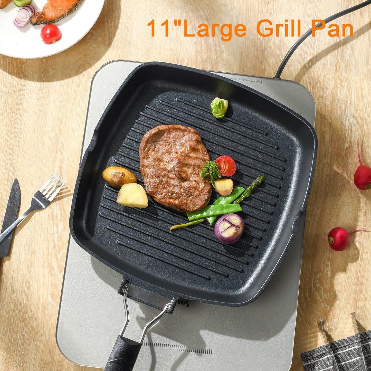SKITCHN Nonstick Grill Pan With Folding Handle - Induction Compatible KBBQ Pan for Stove Tops, Indoor Square BBQ Grilling With Pour Spouts - 11 in