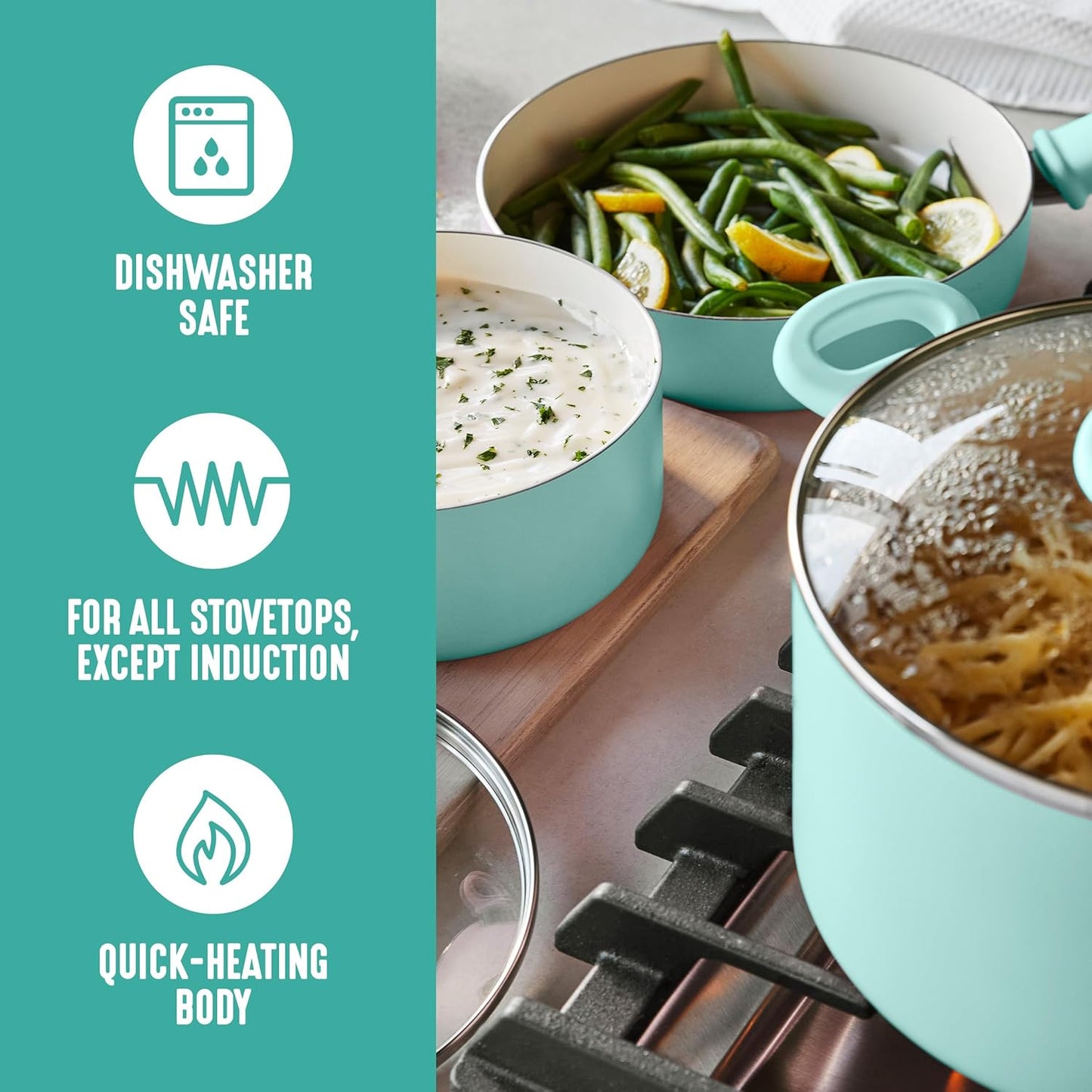 GreenLife 2 Quart Ceramic Nonstick Saucepan with Lid, PFAS-Free, Stay-Cool Handle, Multipurpose Kitchen Cooking Pot, Dishwasher & Oven Safe, Turquoise