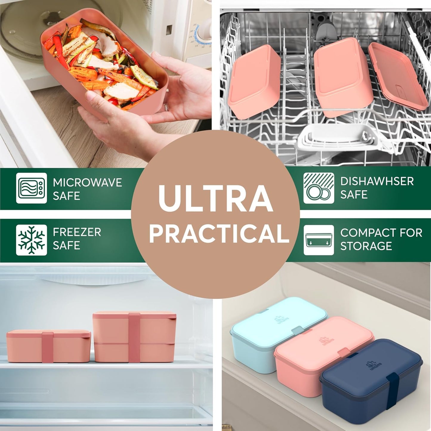 Umami Lunch Box Containers w/ 4 Utensils, Sauce Jar, Nestable Space-Saving Bento Box Adult, 100% Leakproof, Microwavable Lunch Containers for Adults, Design Award Winner, Coral Pink, 30 oz