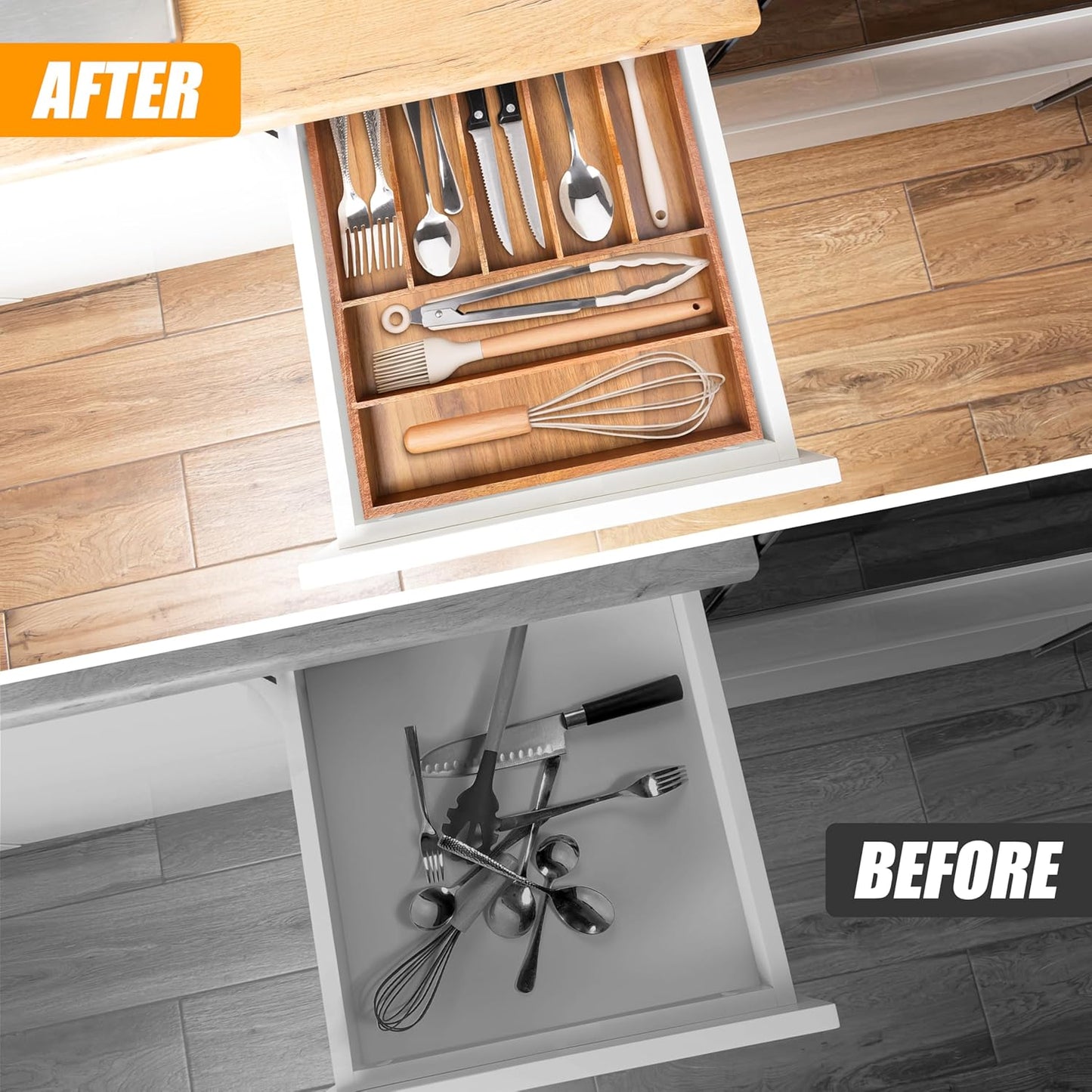 Bellsal Bamboo Silverware Organizer, 12"x15.7" Utensil Holder Cutlery Tray with Grooved Drawer Dividers for Kitchen Flatware, Bedroom, Office (7 Slot, Acacia)