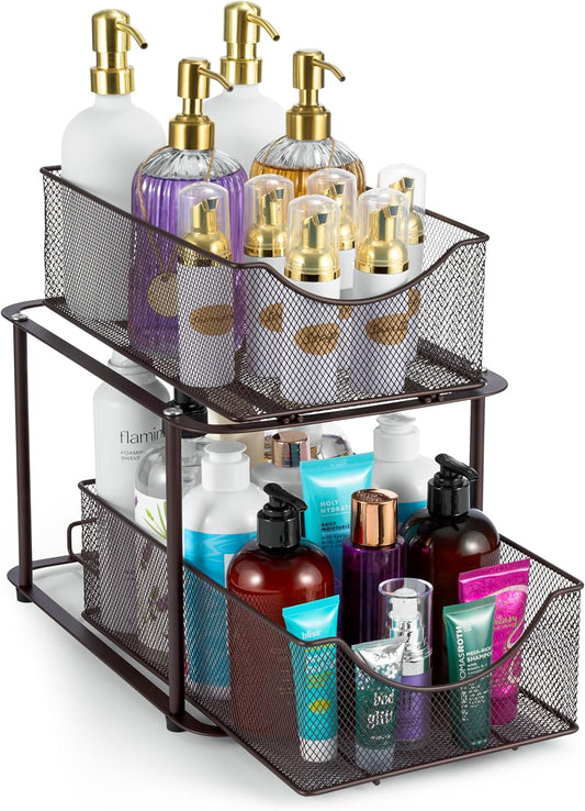 Sorbus 2 Tier Metal Under Sink Organizer for Bathroom, Kitchen, Strong Steel Mesh Sliding Drawers for Under Sink, Under Cabinet, Closet, Kitchen, Pantry, Bathroom Organizers and Storage (Brown)