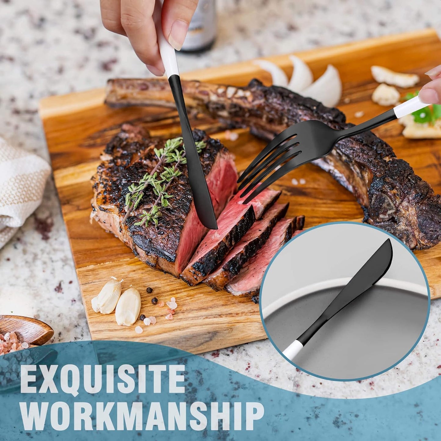 Matte Black White Silverware Set for 4,Modern Stainless Steel Brushed Cutlery Set,20-Pieces Heavy Duty Flatware Set,Knives Spoons and Forks Set Utensils Set, Satin Finish, Dishwasher Safe