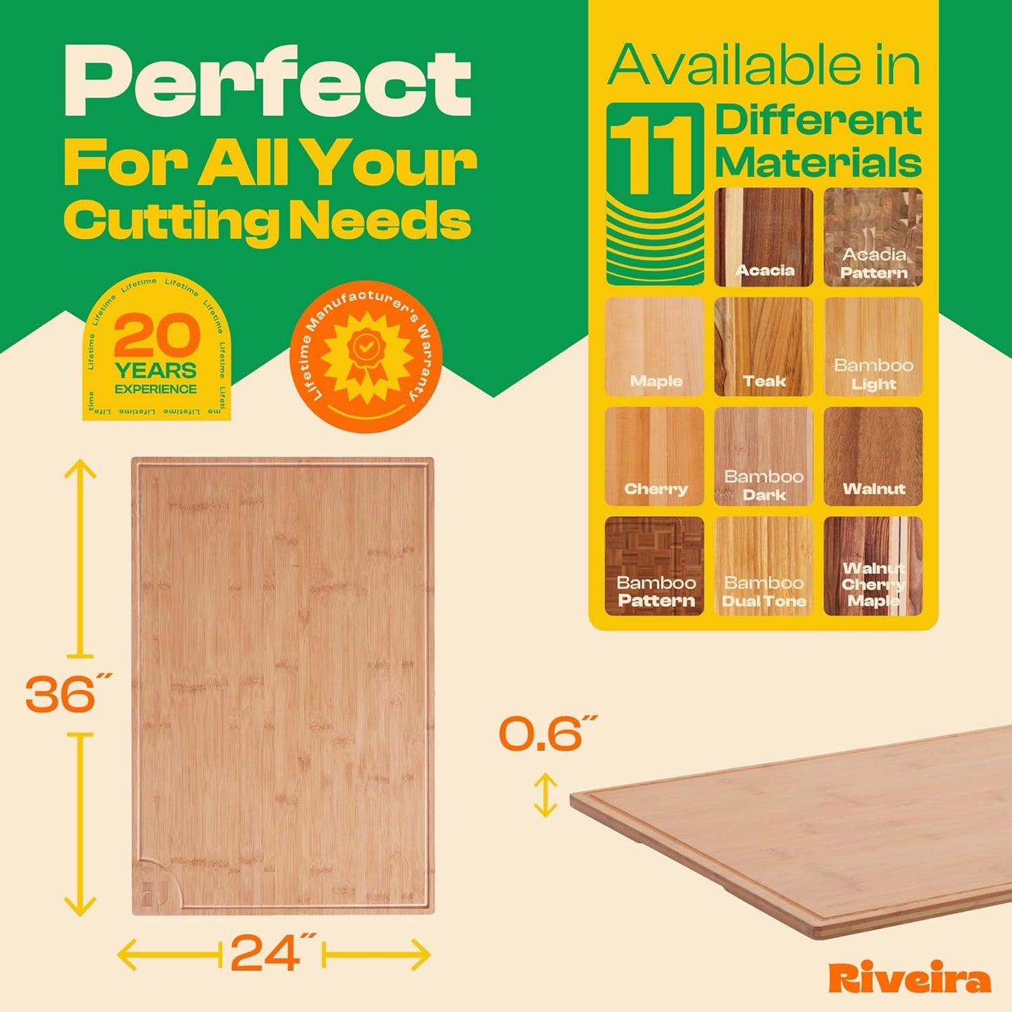 Riveira Brown Bamboo Wood Cutting Board – Gourmet Bamboo Grandeur: 36 x 24 Wooden Cutting Board – Wooden Cutting Boards For Kitchen Decorative – Innovative Juice Grooves Wooden Chopping Board