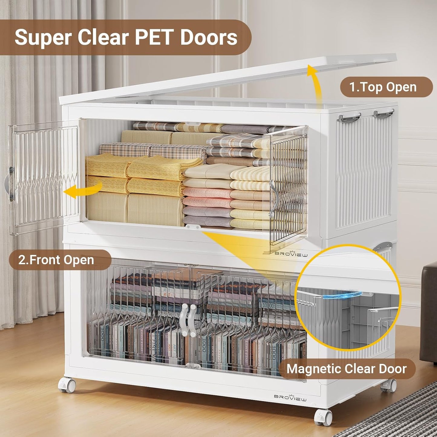 600Qt Extra Large Stackable Storage Bins with Lid, Closet Organizer Collapsible Drawer Boxes with Wheels, Folding Plastic Cabinet Containers for Home Kitchen Room Organization, 3Pack White