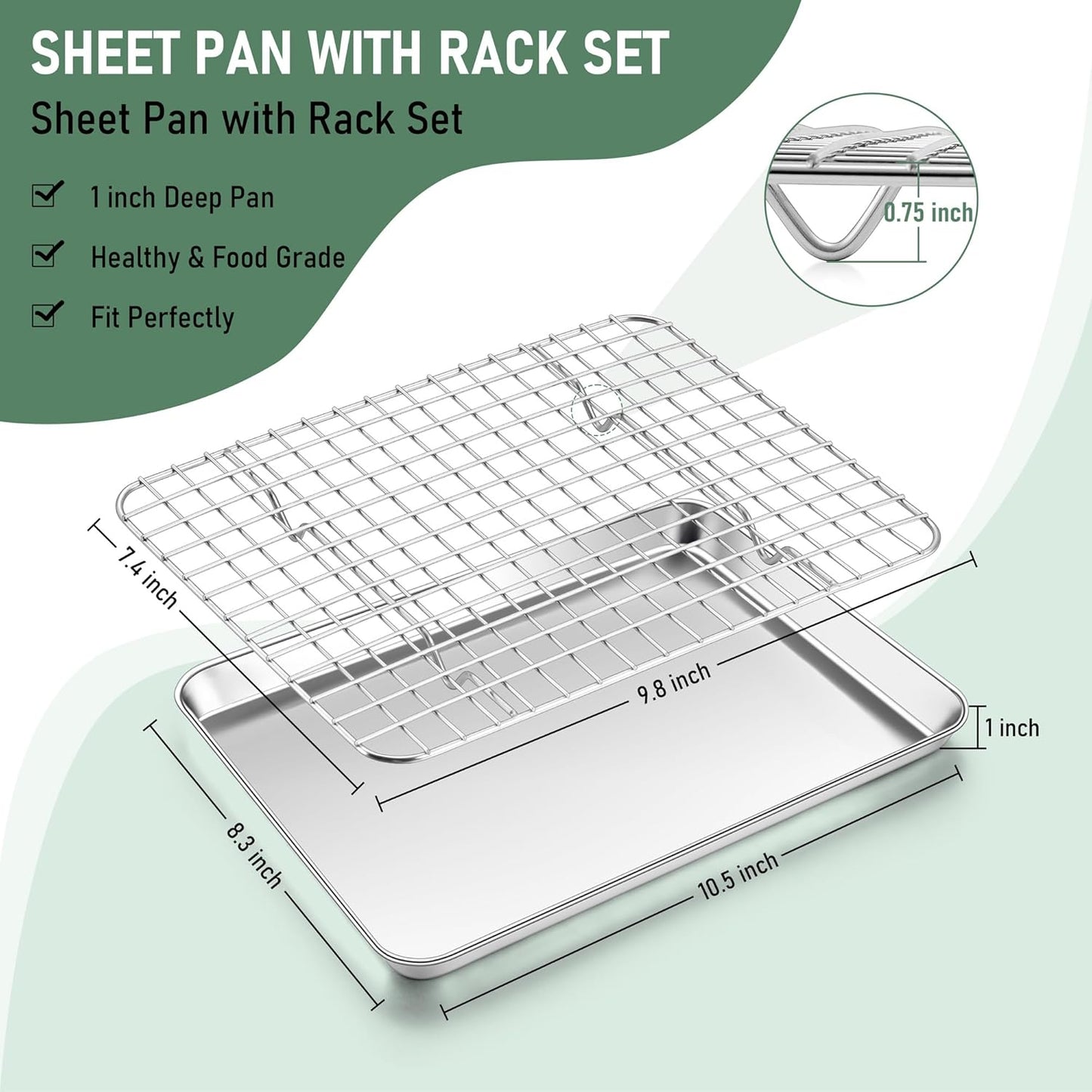 Homikit Cookie Sheet with Rack, 10 x 8 Inch Stainless Steel Small Baking Sheet with Wire Rack Set for Baking Roasting Cooling, Small Toaster Oven Pan Bacon Tray, Non-Toxic & Dishwasher Safe
