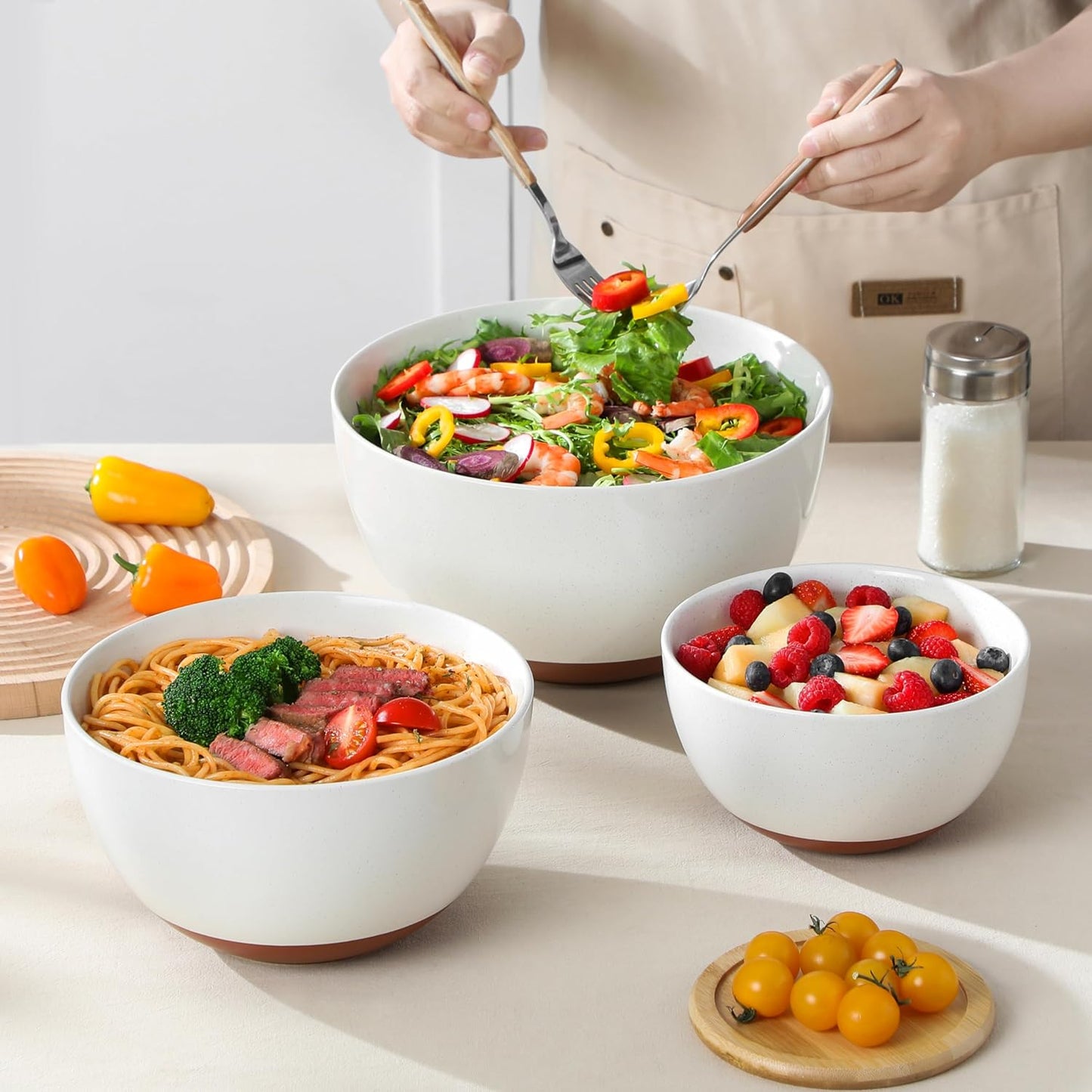 MALACASA Ceramic Mixing Bowls, Large Serving Bowls for Mixing, Cooking, Prepping, Baking, Salad, Soup, Pasta, Nesting Bowls Set of 3, 4.38/2.5/1.44 Qt, Oven, Microwave and Dishwasher Safe, Series TARA