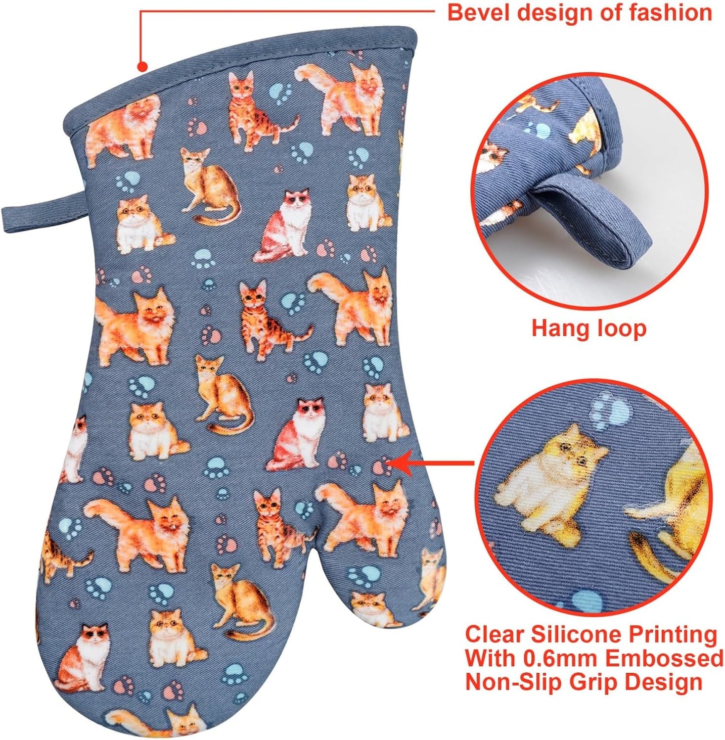 Oven Mitts Gloves 1 Pair Heat Resistant 480 ℉ Non Slip Clear Silicone Printed Cat Comfortable Cotton Lining Kitchen Men Cooking Barbecue Machine Washable (Cat, Blue Mitts)