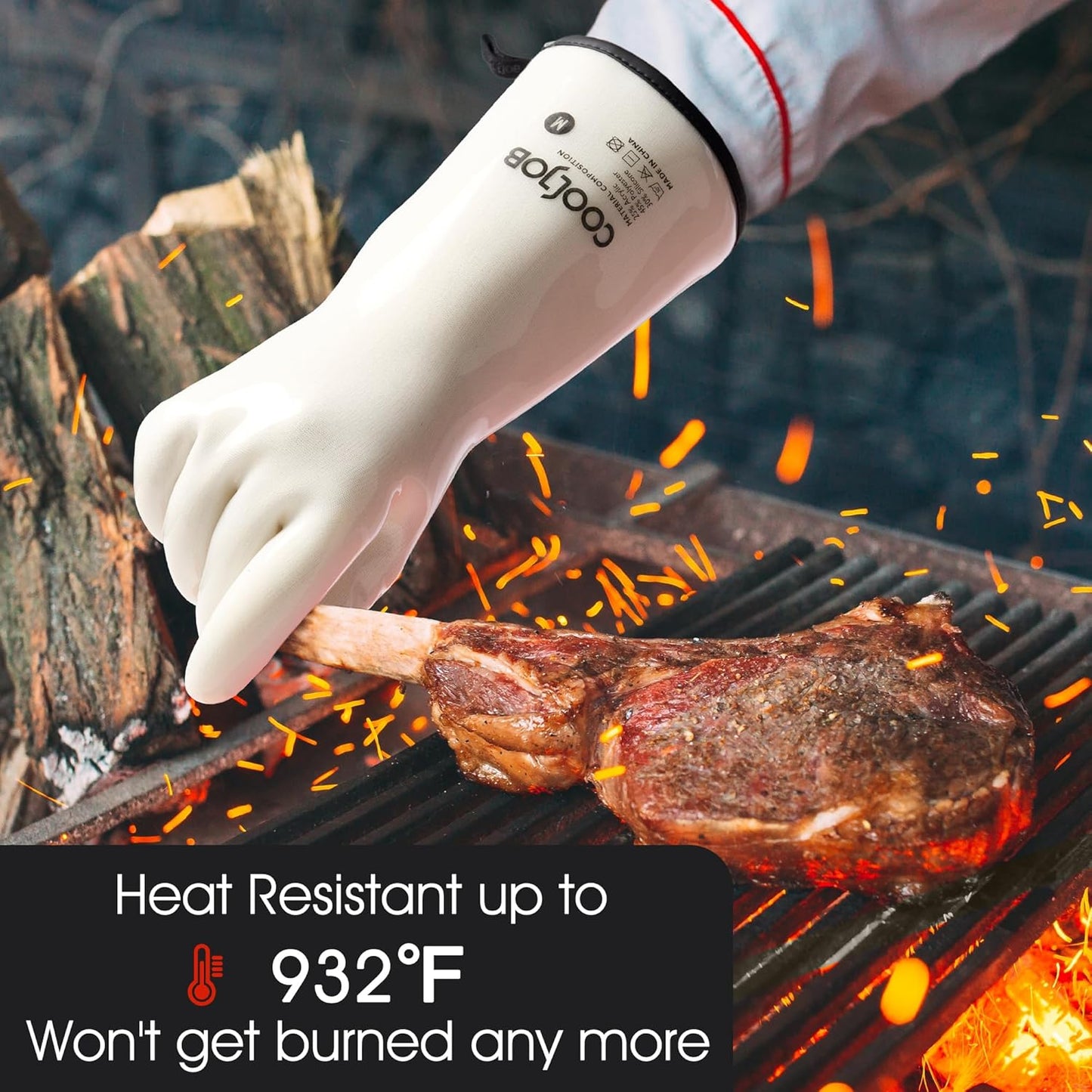 COOLJOB Heat Resistant Oven Gloves, Waterproof Liquid Silicone BBQ Grilling Gloves for Barbecue, Kitchen Cleaning, Baking, Food Contact, White, Medium