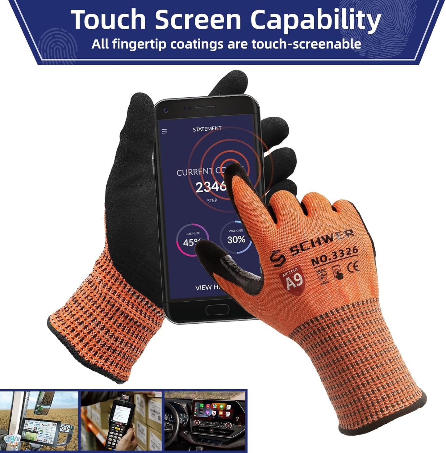 Schwer ProGuard Highest Level Cut Resistant Work Gloves PR3326 for Extreme Protection，ANSI A9 Cut Gloves with Reinforced Thumb, Non Slip, Breathable, Durable, Touch-screen, Non PFAS, Orange1 Pair（S）