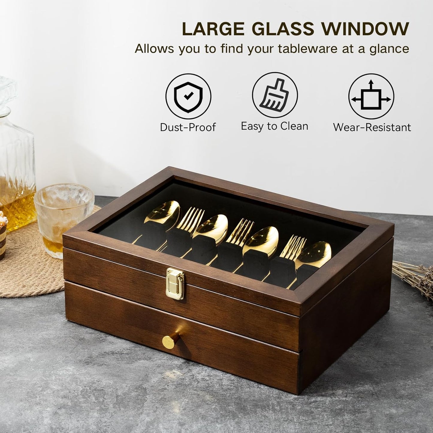Silverware Box, 2-Layer Wooden Silverware Storage Box with Glass Lid, 14.5×10.6 Inches Luxury Style Decor Flatware Storage Case for Fine Flatware & Utensils, Gift Idea (Walnut)