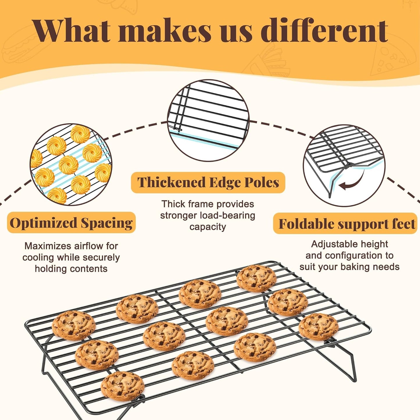 Cooling Racks for Cooking and Baking - 3 Tier Stackable Grid Wire Baking Rack for Oven Cooking, Baking, Grilling, Roasting -Dishwasher Safe Bacon Rack