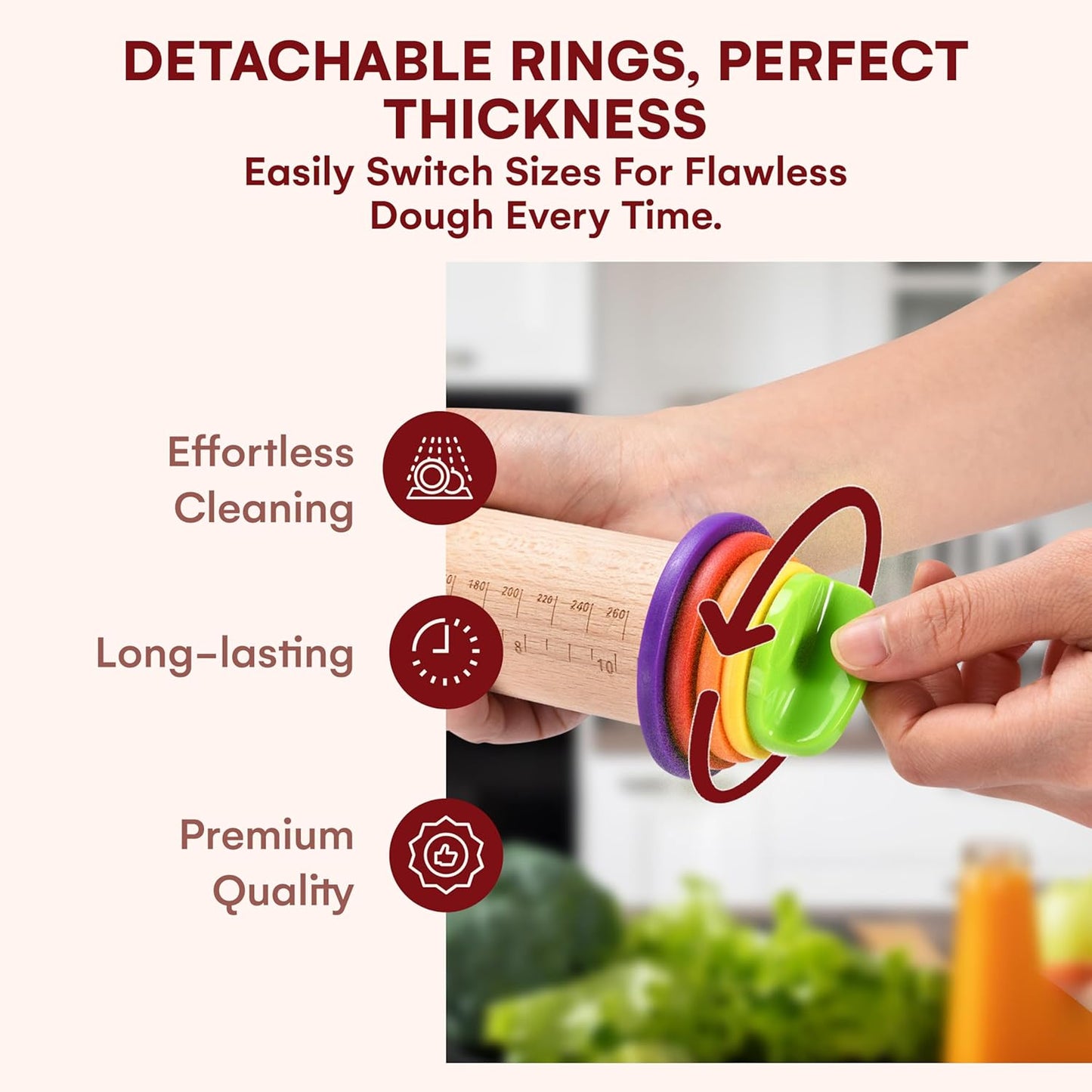 Kitchtic Rolling Pin with Thickness Rings - Adjustable Wooden Rolling Pin - Baking Essential and Roller Tool - Consistent Thickness - Easy to Clean - Beechwood Material - 13.7 x 2.75 x 2.75 inches