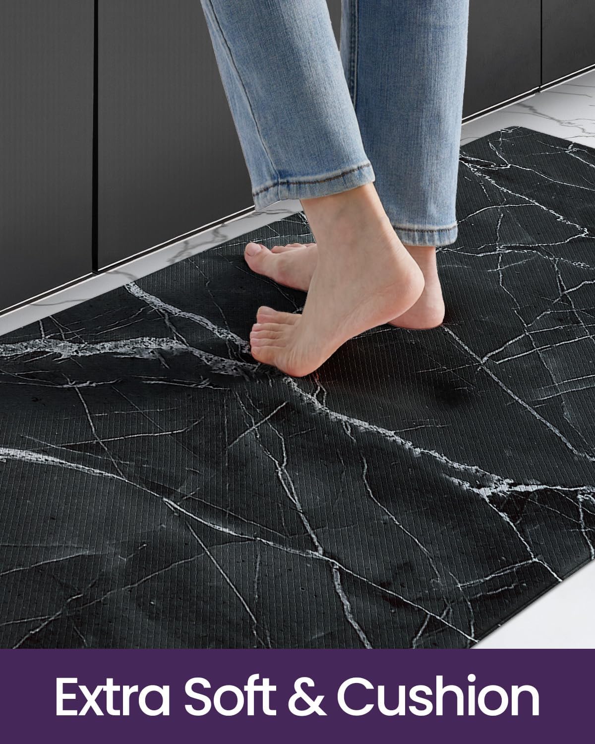 DEXI Kitchen Floor Mats Cushioned Anti Fatigue, 23x59 Large Wide Standing Comfort Runner Rug Waterproof, Marble Memory Foam Padded for Front Sink Laundry, Black