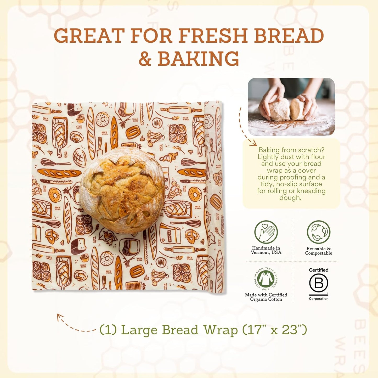 Bee's Wrap Beeswax Wraps for Food - Bakery Lane Bread Wrap - Made in USA Reusable Bread Storage Bags - Organic & Eco-Friendly Alternative to Aluminum Foil, Sourdough Bags & Plastic Wrap