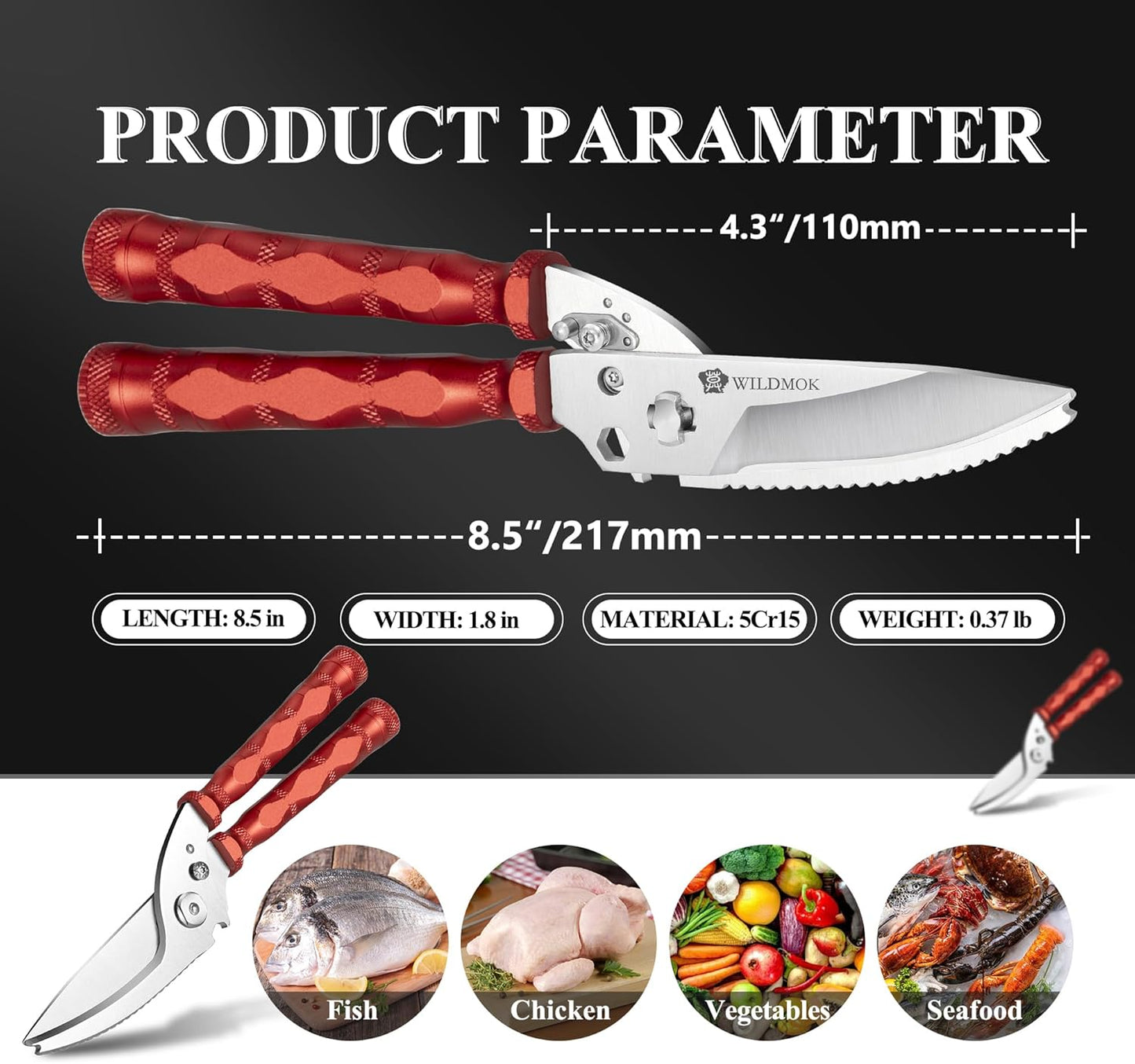 WILDMOK Heavy Duty Poultry Shears - 8.5 Inch Multi-function Stainless Steel Poultry Outdoor Shears, Ultra Sharp Kitchen Scissors for Outdoor Camp, Red