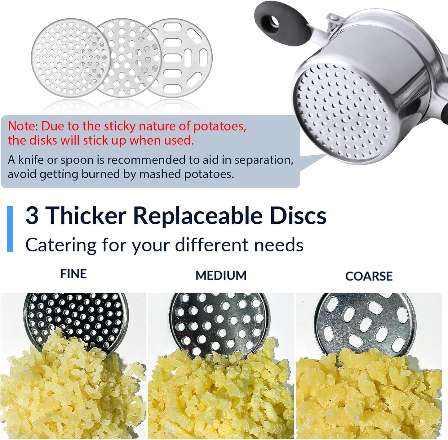 Potato Ricer, Ricer for Mashed Potatoes, 3 Interchangeable Discs Potato Masher Stainless Steel for Fluffy Mashed Potatoes, Heavy Duty Spaetzle Maker with Silicone Handle, for Gnocchi Spaghetti