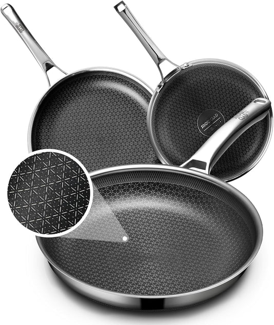 Non Stick Frying Pans Set, Hybrid Pans Set Nonstick (8+10+12inch),Skillets for cooking, PFOA Free Stainless Steel Kitchen set, Dishwasher and Oven-Safe Cookware Sets