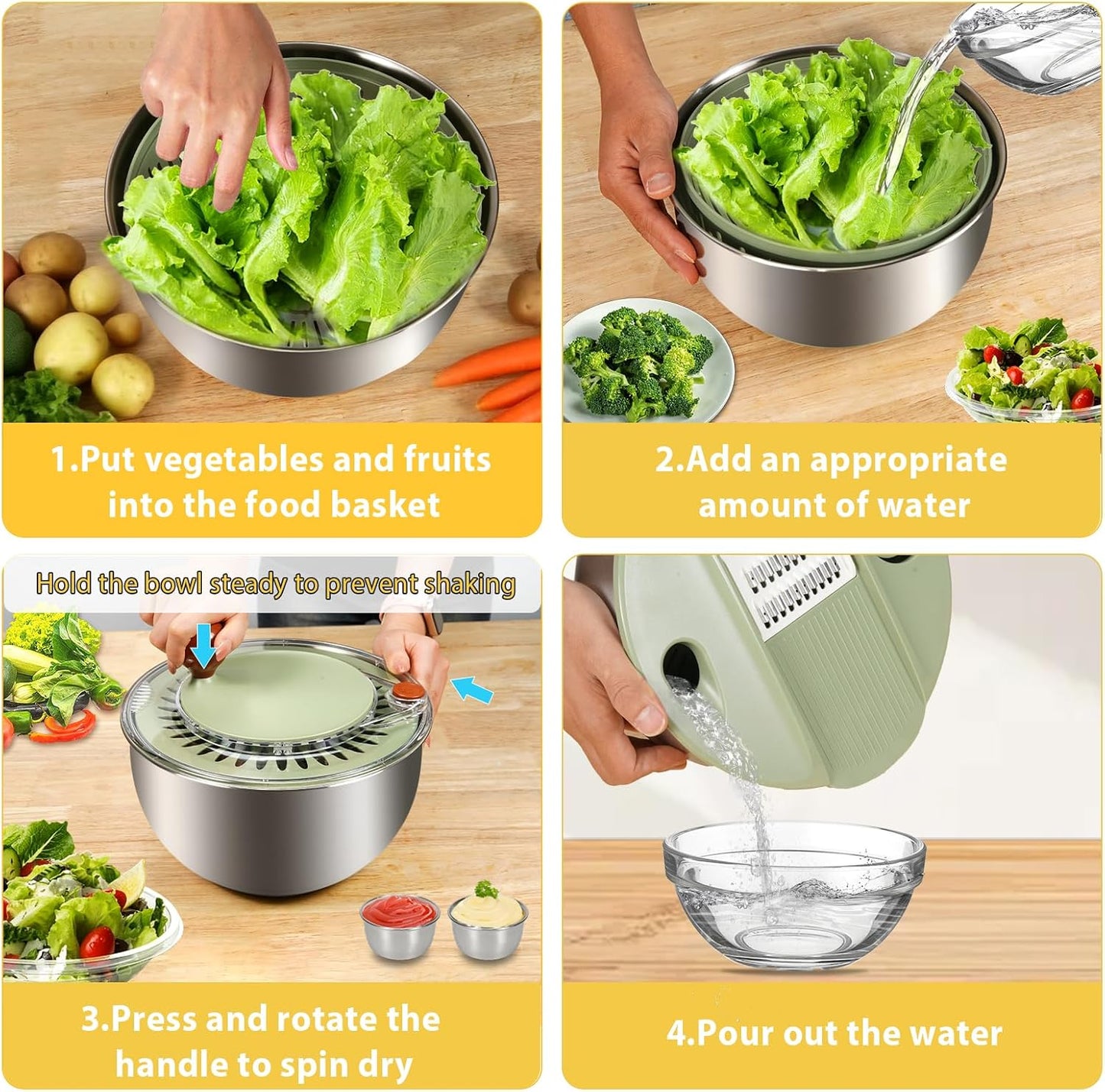 Stainless Steel Salad Spinner Large, Vegetables Fruits Wash Bowl with Strainer, Lettuce Spinner Dryer for Efficient Salad Preparation 5.3Qt