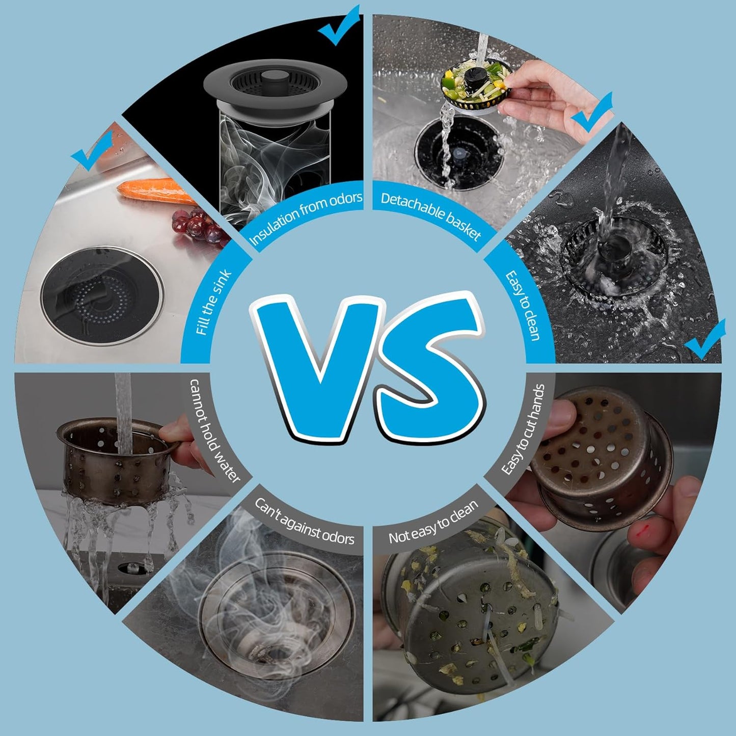 Hibbent All Metal Stainless Steel 3 in 1 Kitchen Sink Drain Strainer, Upgraded Sink Stop Combo, 3 Anti-Clogging Stainless Steel Baskets Strainer with Metal Handle for US Standard 3-1/2" Drain, Black