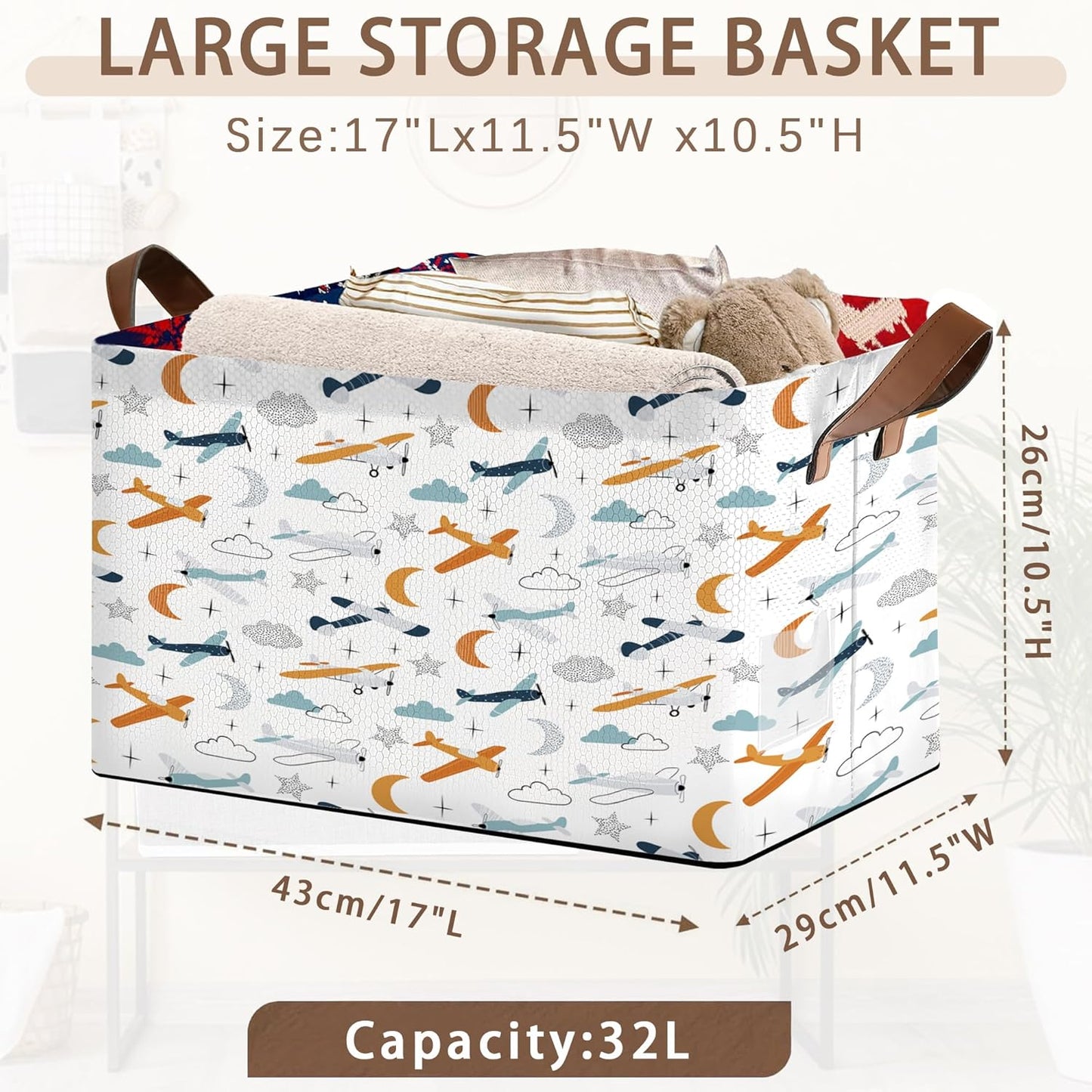 Aviation Themed Storage Basket Large 17x11.5x10.5 Inche-Collapsible Fabric Organizer Bin with Handles for Boys Room, Travel Decor, Toys-Decorative Hamper with Colorful Airplane Silhouettes-Single Pack