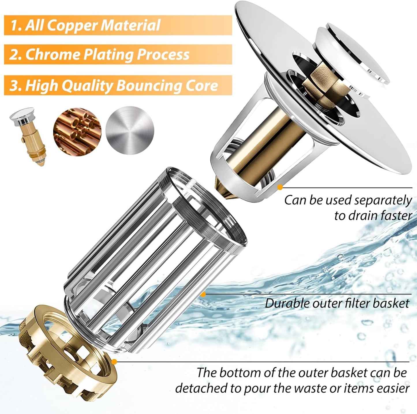 Bathroom Sink Drain Strainer, 2PCS 3 in 1 Pop Up Bathroom Sink Stopper with Removable Brass Basket Hair Catcher, Universal Sink Plug for 1.06 to 1.6in Drain Hole, Chrome Silver