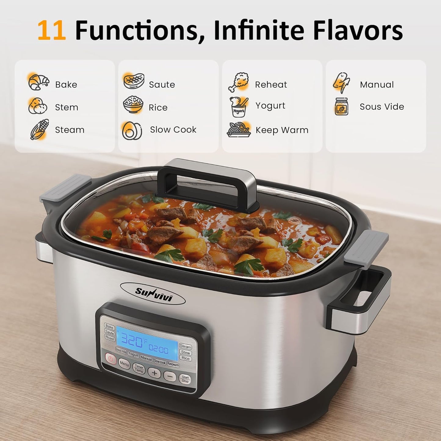 Sunvivi 6.5 Quart Slow Cooker Roaster Oven：11 in 1 programmable Multi-Cooker Food Warmer with Digital Timer, Temp Control, Removable Nonstick Cast Aluminum Pot & Dishwasher-Safe Tempered Glass Lid