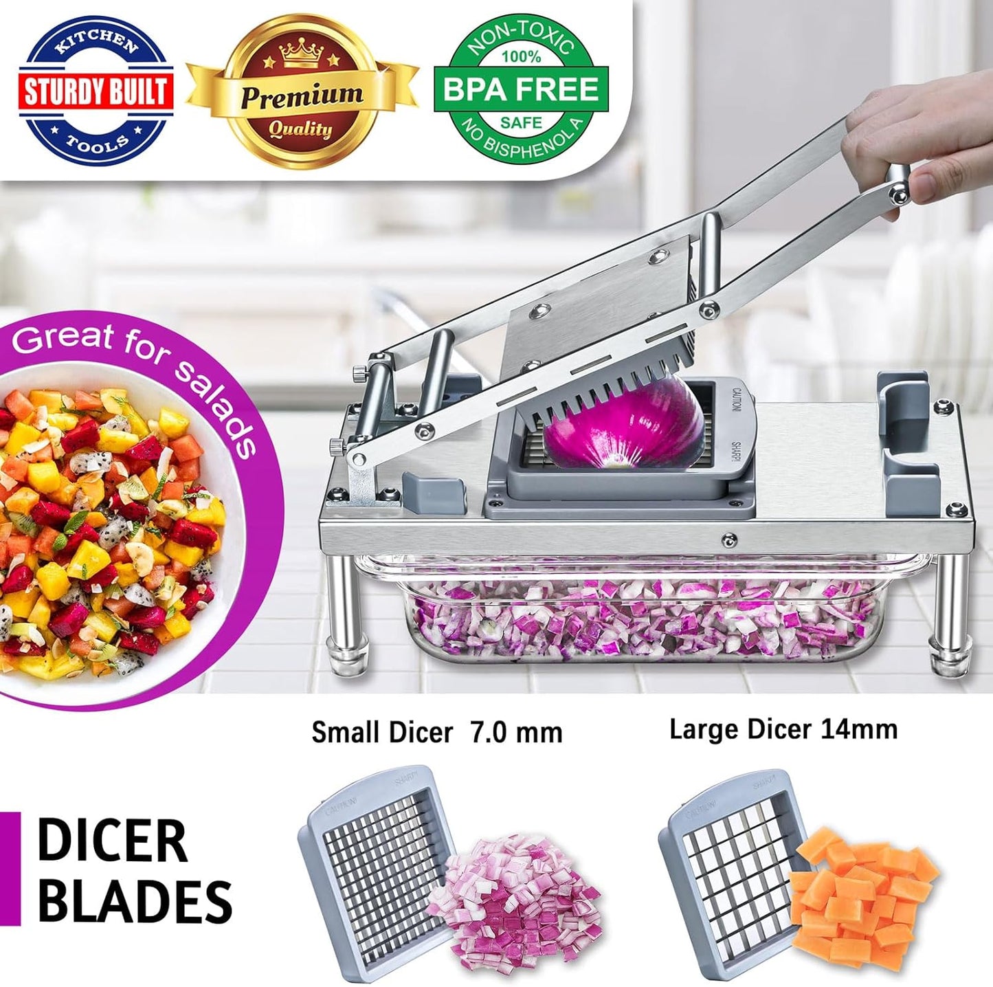 Stainless steel Vegetable Chopper, Veggie Chopper With 8 Blades, Onion Dicer with Container, Food Cutter & Grater Mandoline Slicer