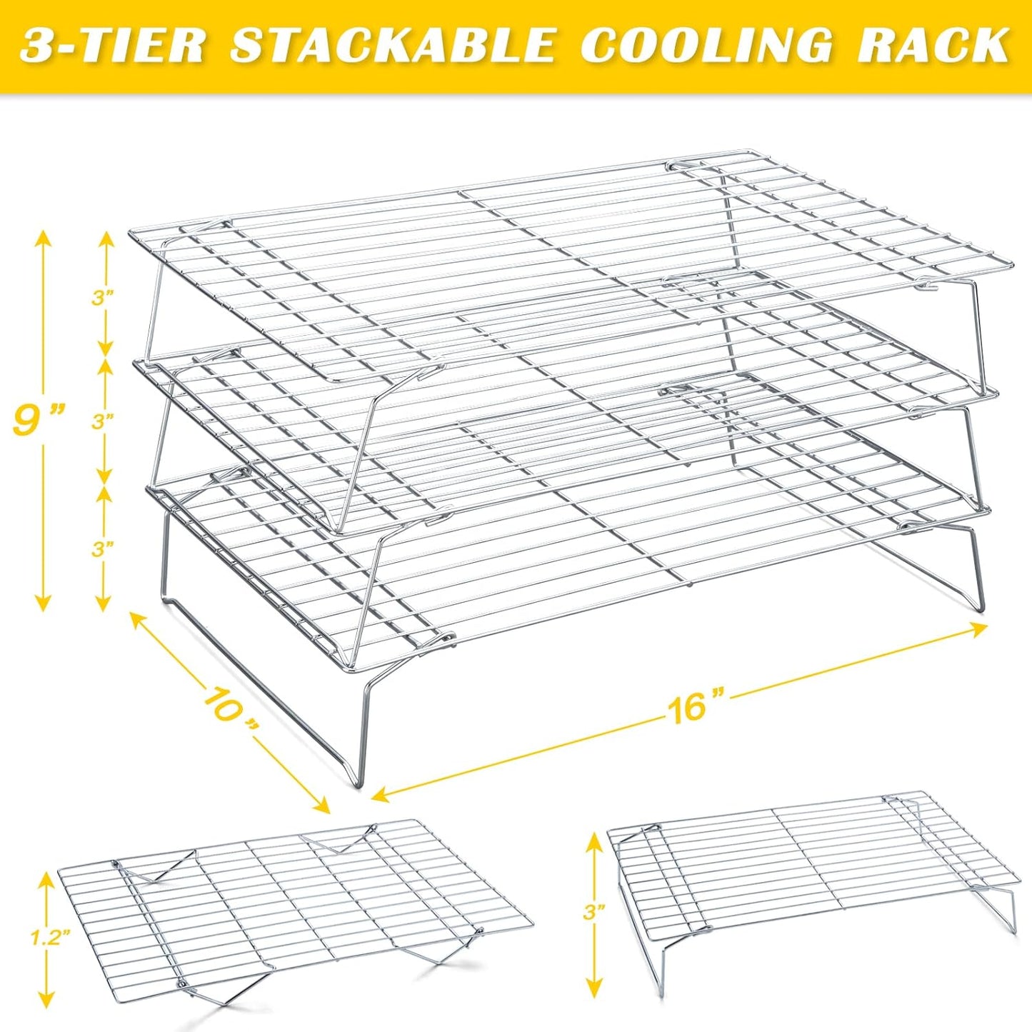 Cooling Racks - 10 * 16 Inch 3PCS Stackable Tall Baking Racks, Stainless Steel Wire Rack for Baking Sheet, Cooling Racks for Cooking and Baking, Oven and Dishwasher Safe