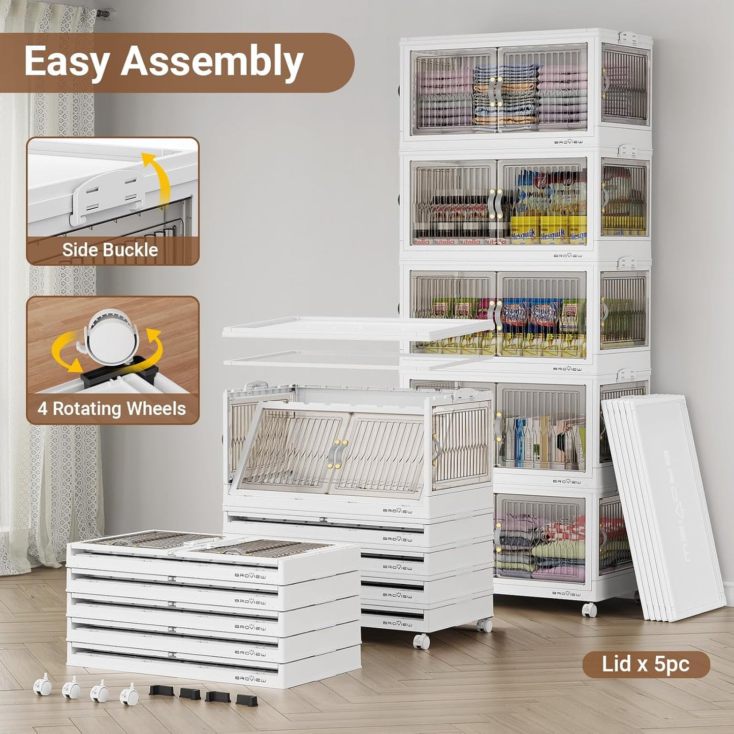 480QT Large Stackable Storage Bins with Lids, Plastic Closet Organizer and Storage Drawer, Collapsible Storage Box with Wheels, Folding Storage Cabinet with Doors for Home Kitchen, 4Pack White