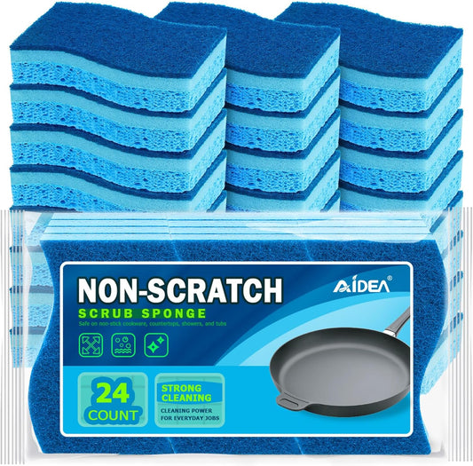 AIDEA Sponges Kitchen, Non-Scratch Scrub Sponge, 24Count, Sponges for Non-Stick Cookware, Kitchen Sponge for Dishes, Cleans Fast Without Scratching, Cleaning Power for Kitchen, Bathroom, Household