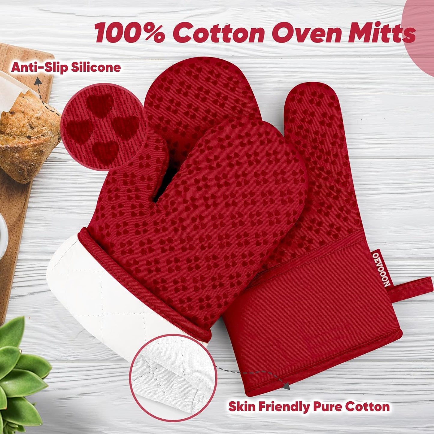 Oven Mitts and Pot Holders 4 Sets, Heat Resistant 500 ℉ Oven Mitt and Pot Holder,Oven Glove&Potholders with Non-Slip Silicone Surface,Kitchen Essentials for Cooking/Baking/BBQ-Red