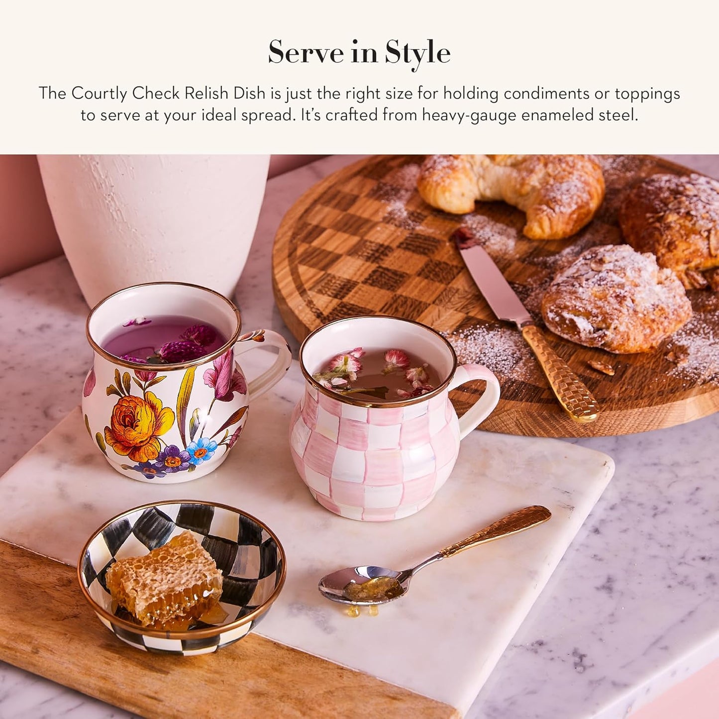 MACKENZIE-CHILDS Enamel Relish Dish, Small Serving Bowl for Entertaining, Black-and-White Courtly Check