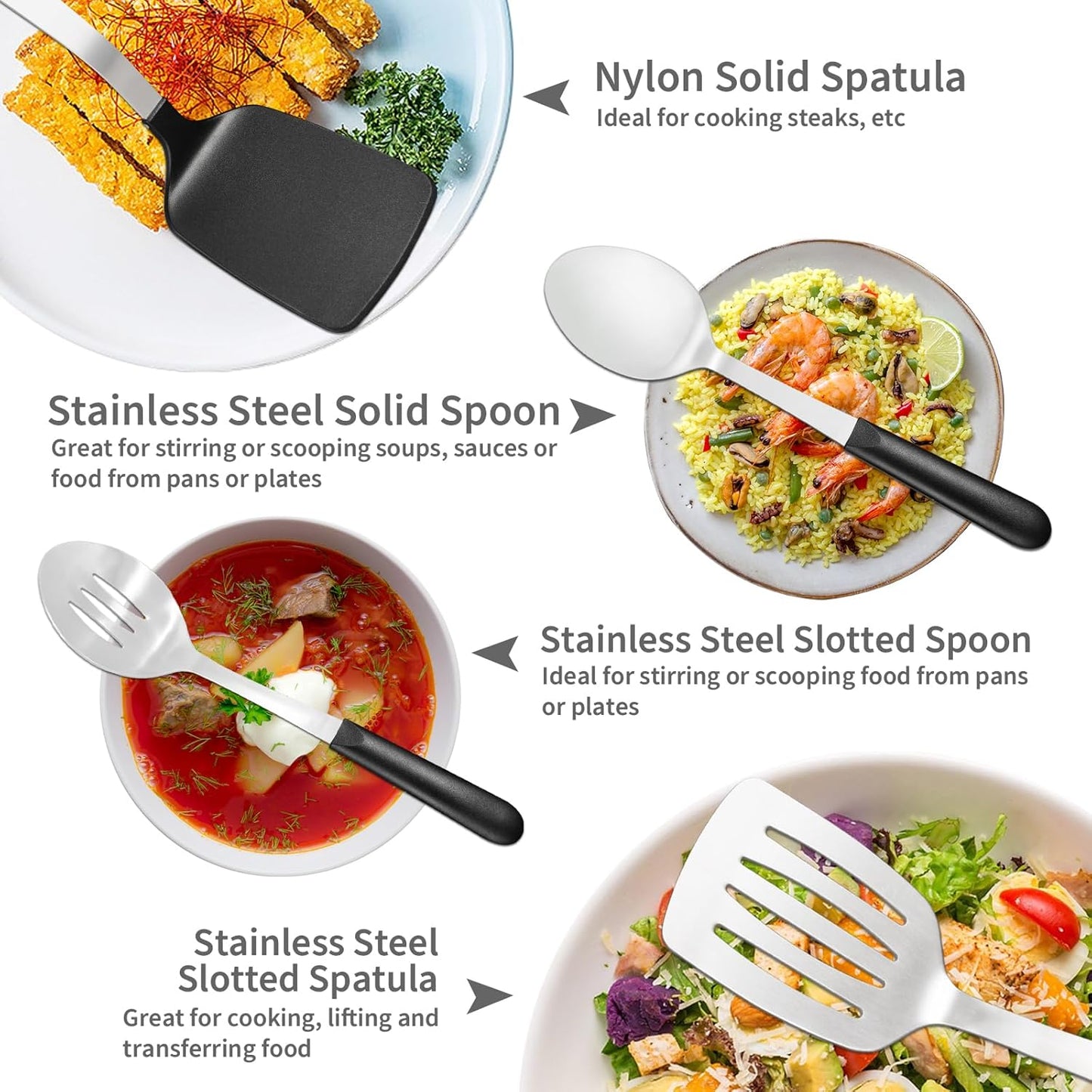 Stainless Steel Cooking Utensils Set, 4-piece Kitchen Utensil Set with PP Handles, Dishwasher Safe, Non-Stick and Heat Resistant, Spoons, Spatula for Cooking